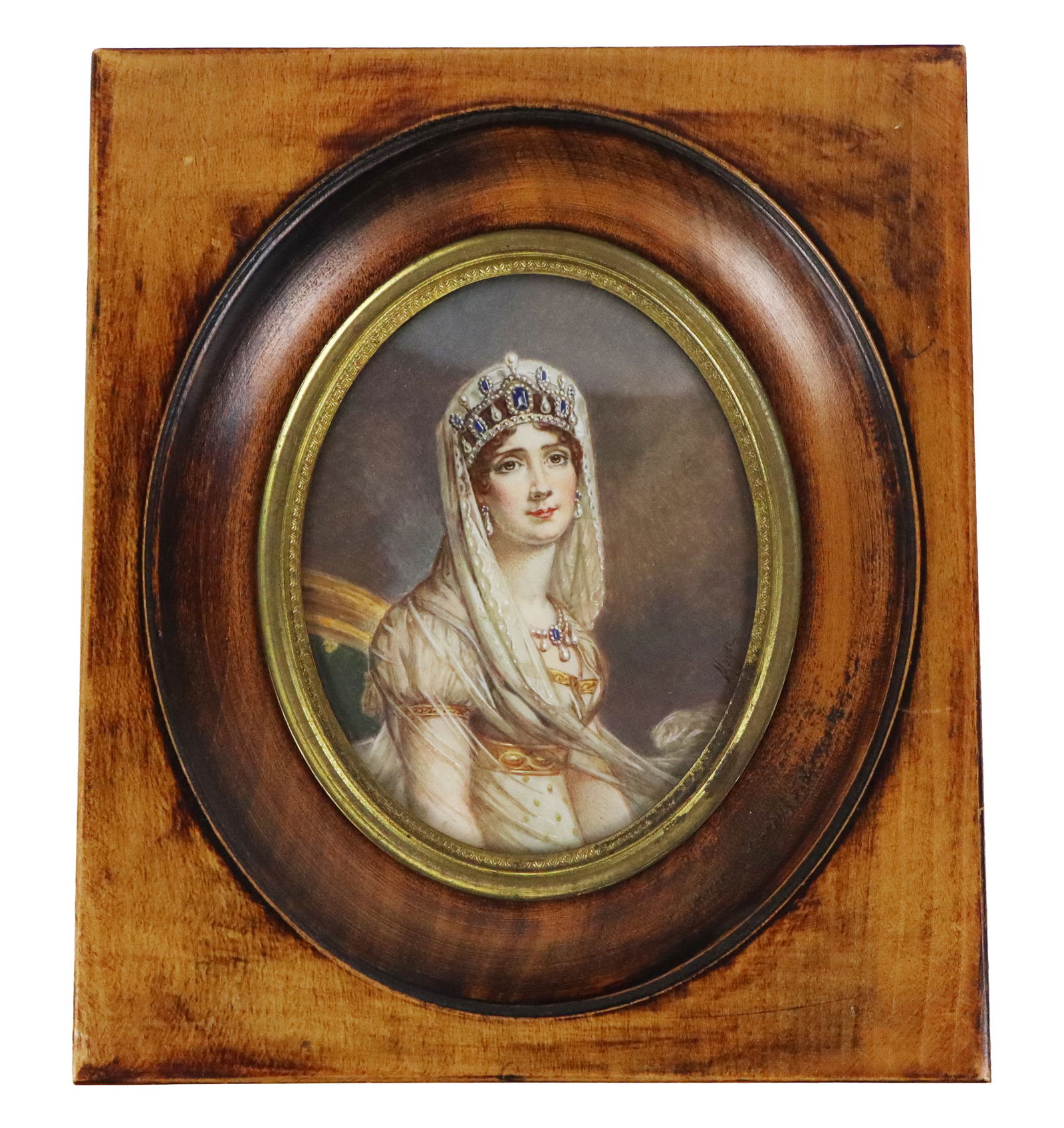 Maria Letizia Ramolino Bonaparte, Signed Portrait: Miniature portrait of Maria Letizia Ramolino Bonaparte, 19th century, possibly on bone, signed Moyer to lower right, in a frame. [Framed: 6.25" H x 5.25" W]. Condition is good.