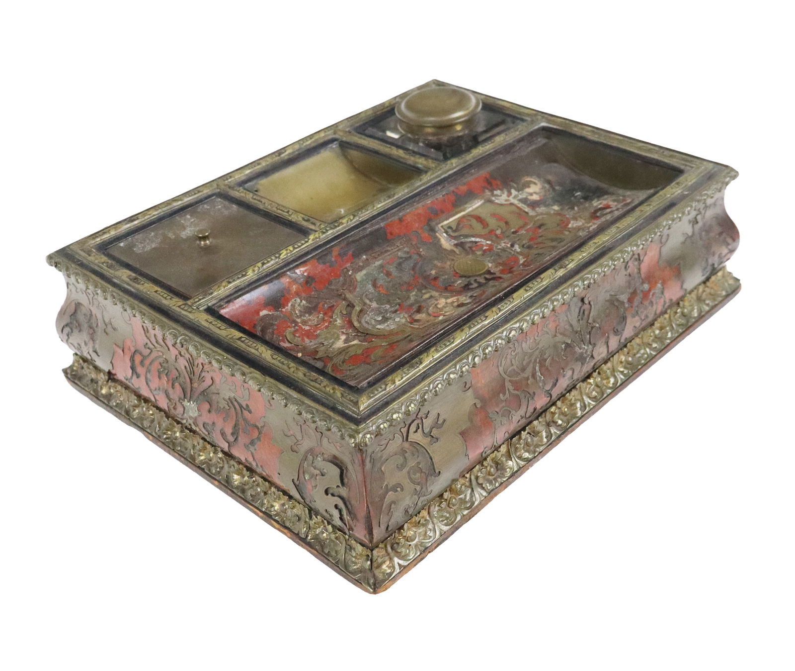 Louis Phillipe Boulle Inlaid Inkwell: Louis Phillipe boulle inlaid inkwell, 19th century, with ink pot to reverse, compartments, and a pen tray, and fitted with gilt bronze. [4" H x 12" W x 9.5" D]. Condition is fair with heavy losses.