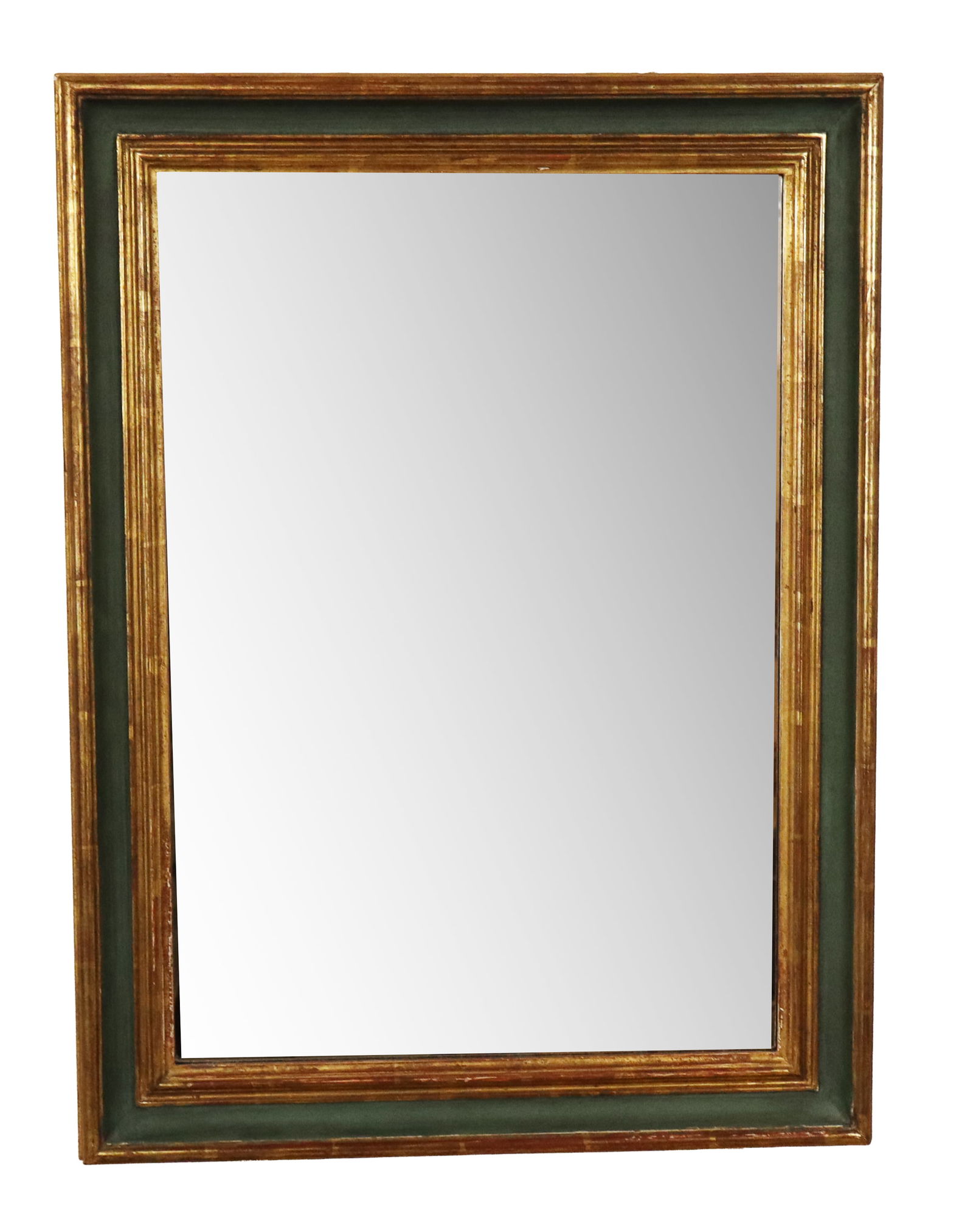 Gilt and Painted Mirror: Gilt and teal painted mirror, 20th century, with beveled glass. [26.25" H x 21.25" W]. Condition is good.