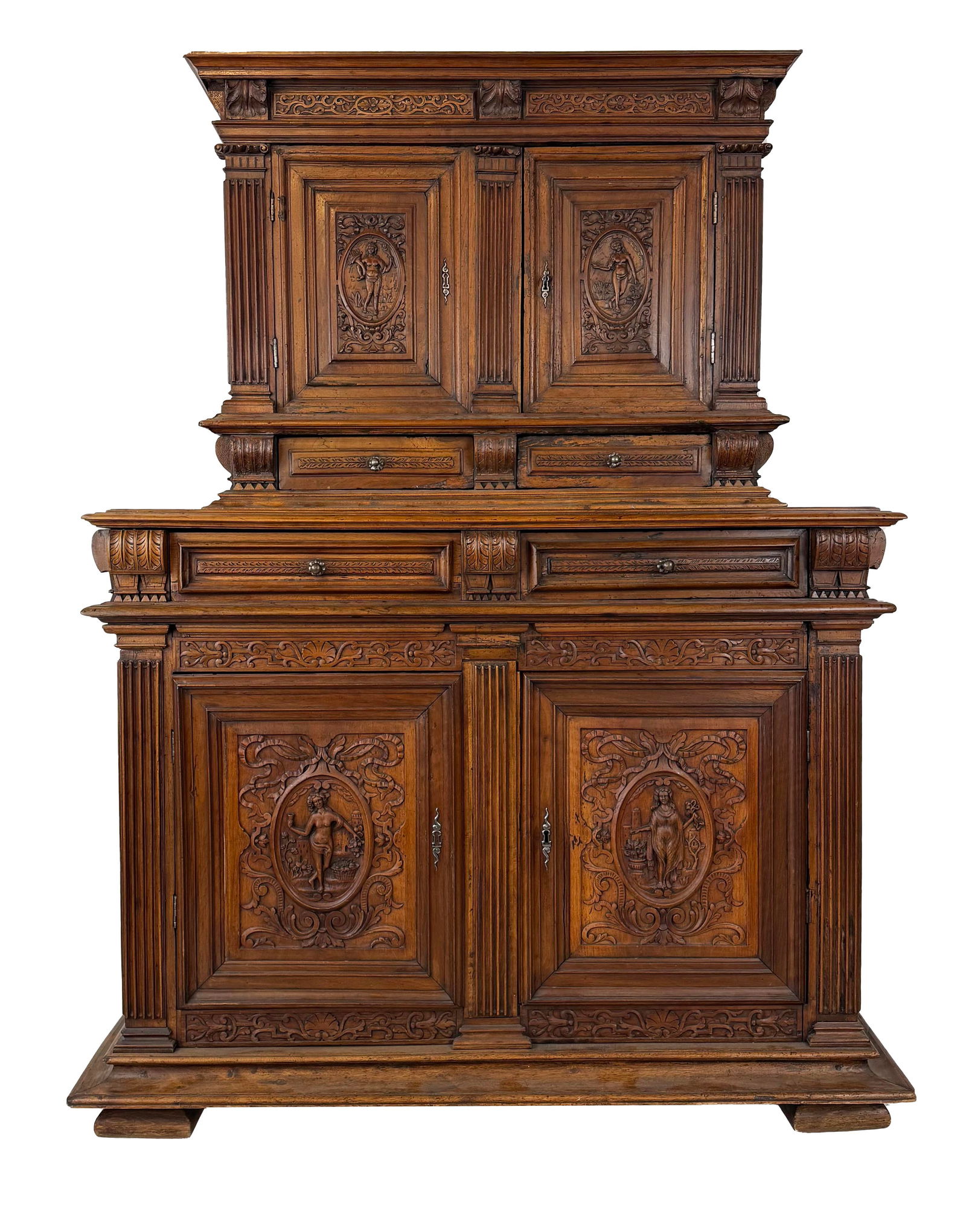 Heavily Carved Continental Cabinet: Heavily carved continental cabinet, 18th century, likely Italian, with carved allegorical figures to doors at upper and lower, and intricate foliate details throughout, bronze hardware, and square fee