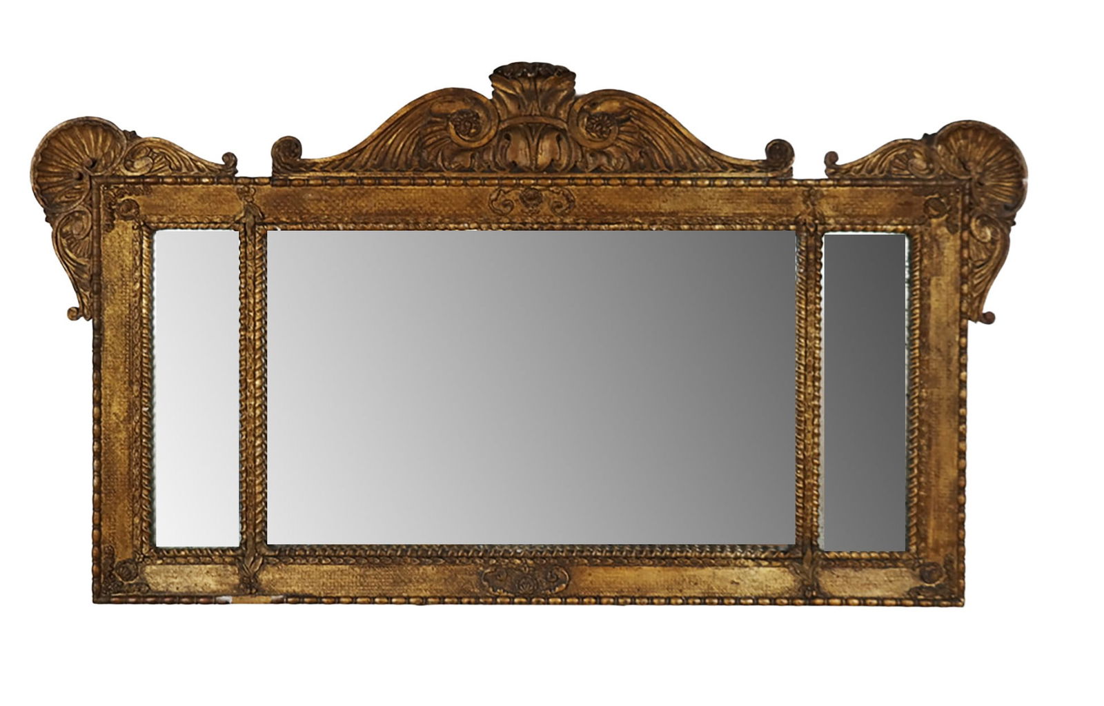 Louis XVI Gilt Triptych Mirror: Louis XVI gilt triptych over mantle mirror, 19th century, with shell and barley twist details. [29.5" H x 53" W]. Condition is good to fair with cracks and some losses to veneer, losses to lower left