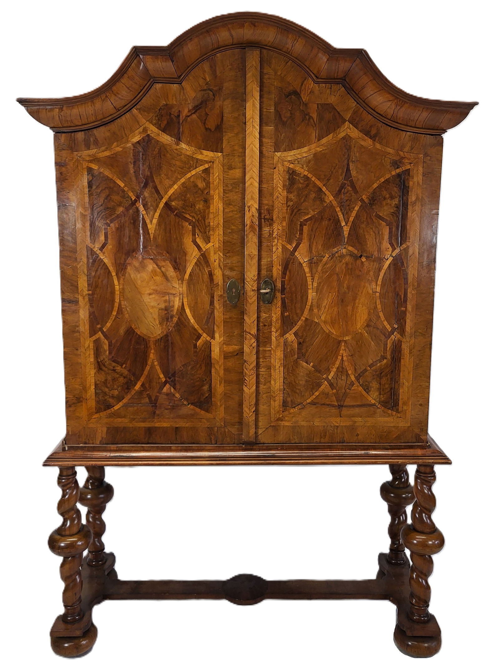 Antique Italian Baroque Cabinet on Stand: Antique Italian baroque cabinet on stand, the large dome top cabinet with 2 marquetry inlaid shaped doors opening to multiple drawers flanking a center painted open section with 2 hidden upper left an