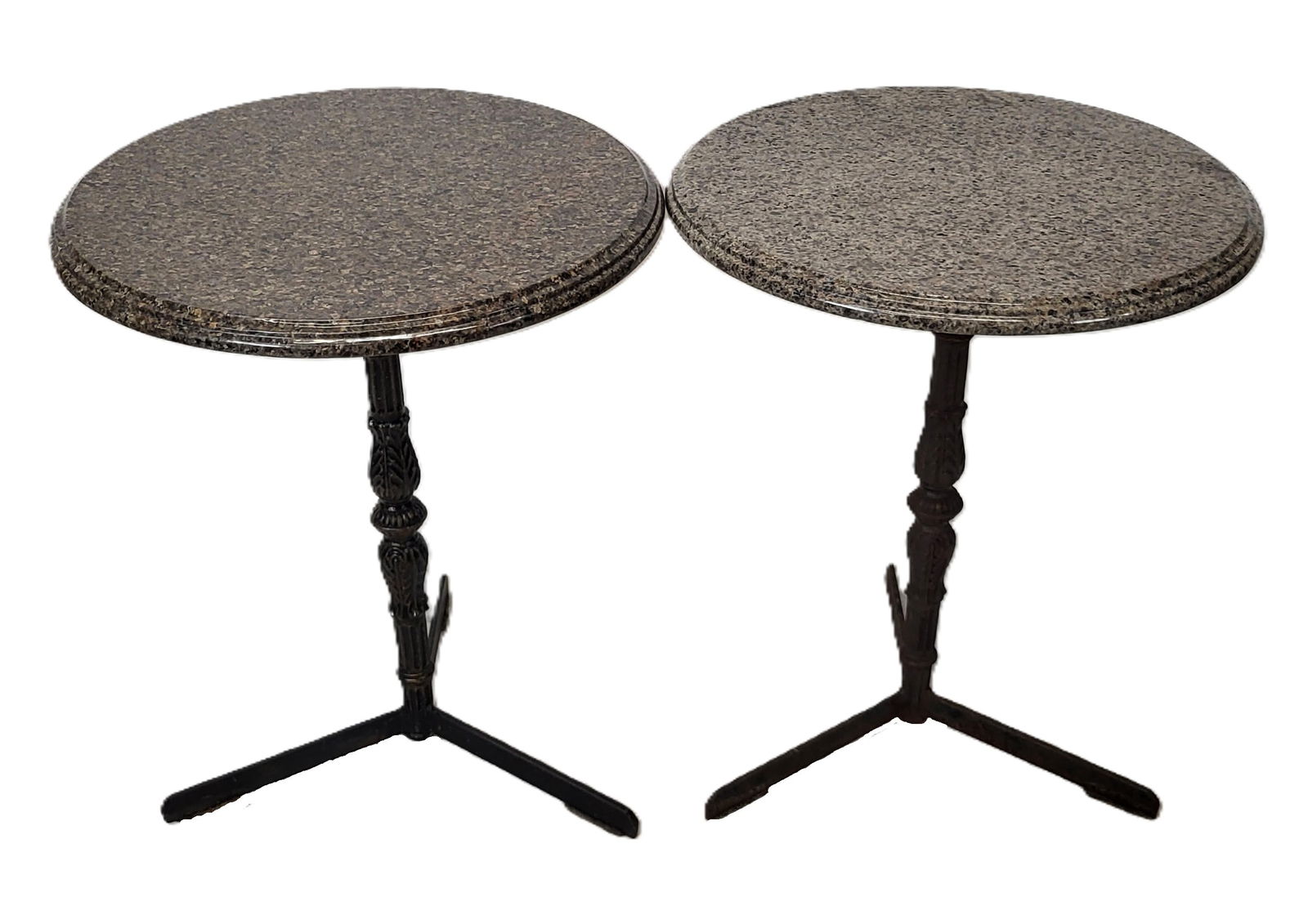 Pair Marble Top Bistro Tables: Pair marble top bistro tables, round gray beveled edge marble tops on cast iron and tripod bases. [30" H x 24" diameter]. Good and sturdy.