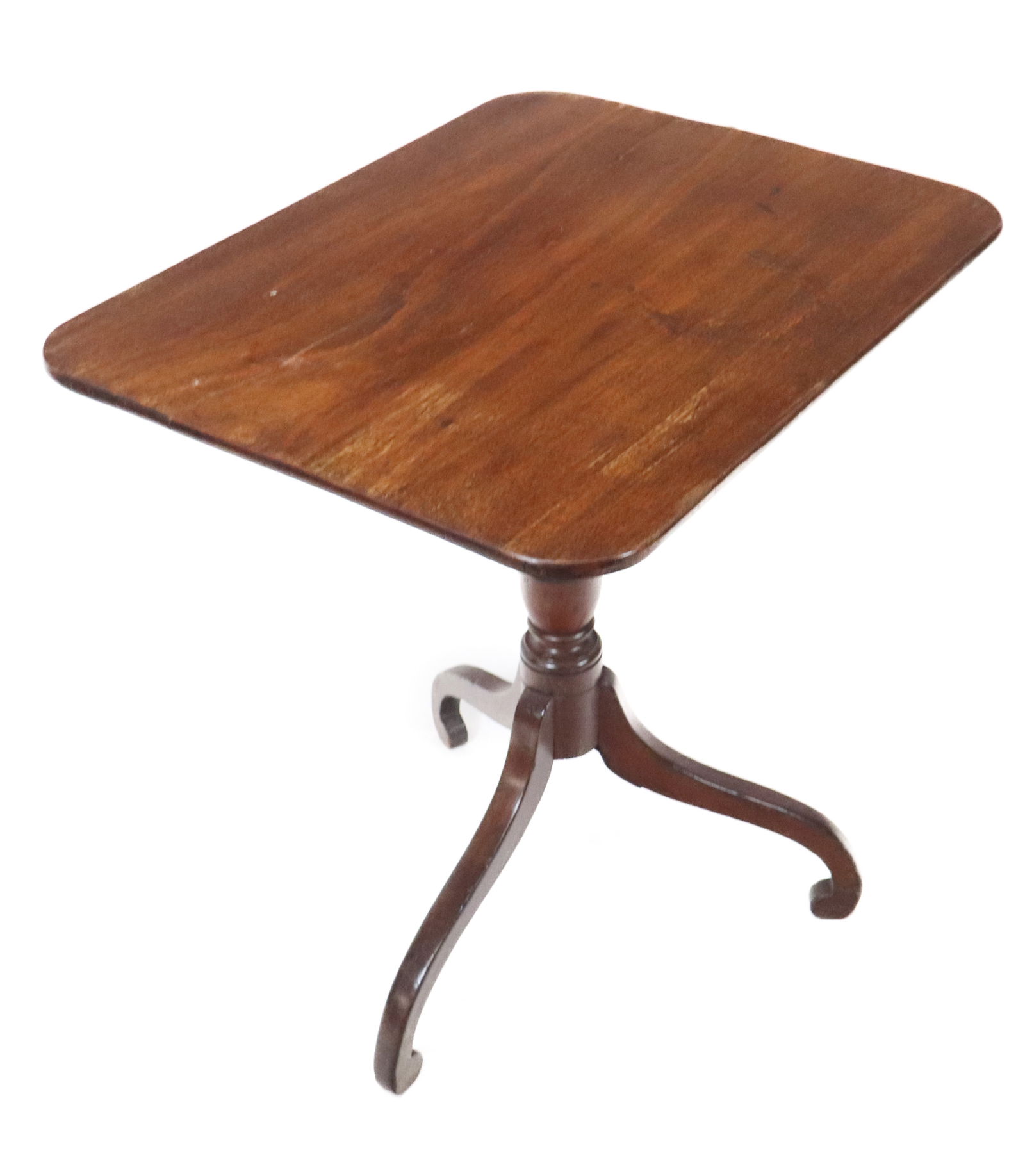 English Tripod Tip Top Table: English tripod tip top table, the rectangle top on a turned post and tripod base. Mahogany, mid 20th century. [27" H x 26" x 20"]. Good and sturdy, age crack and repair on top.