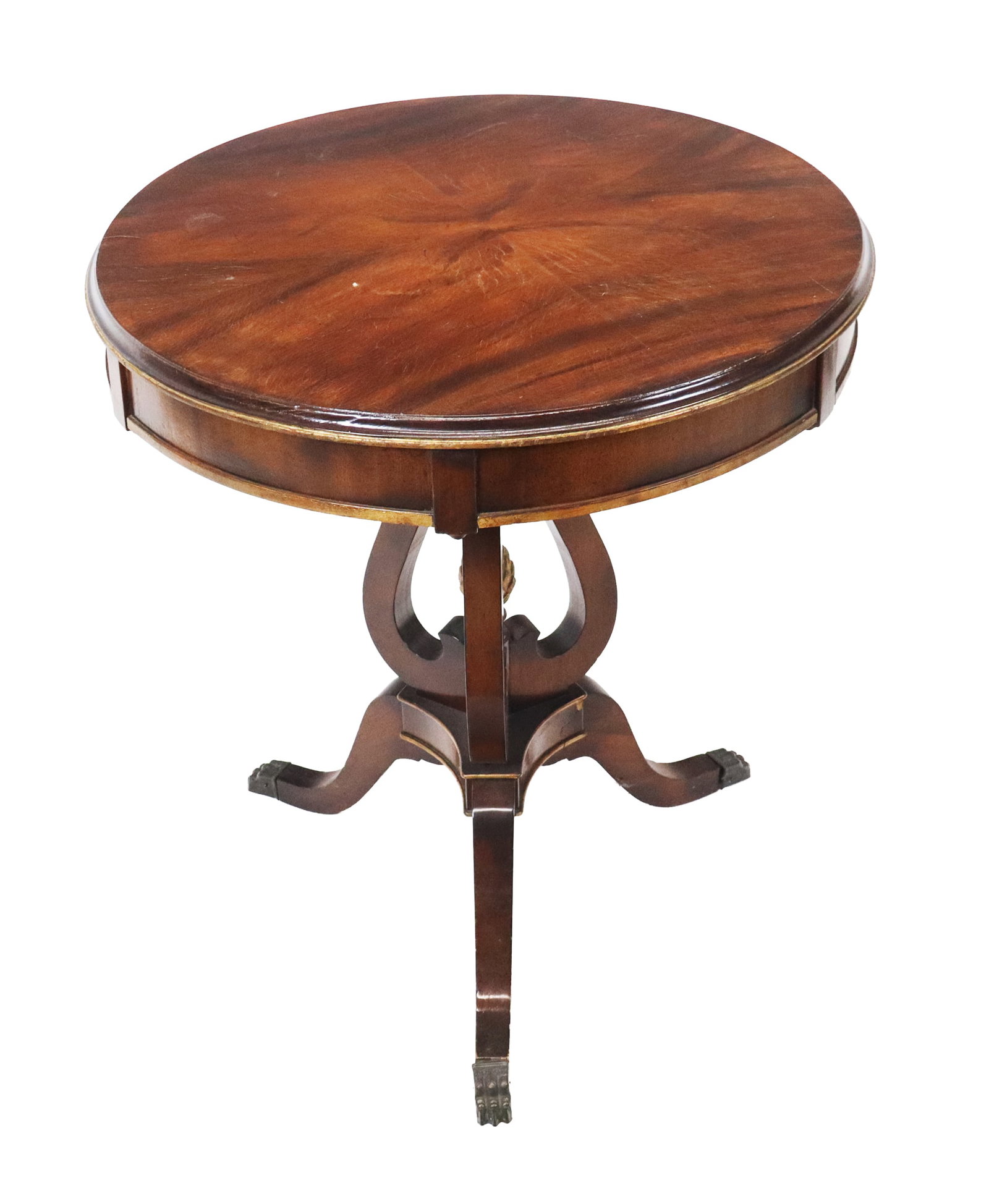 Regency Lyre Base Stand: Regency lyre base stand with round top above a partial gilt tripod base. [28" H x 24" diameter]. Bubbling top veneer,