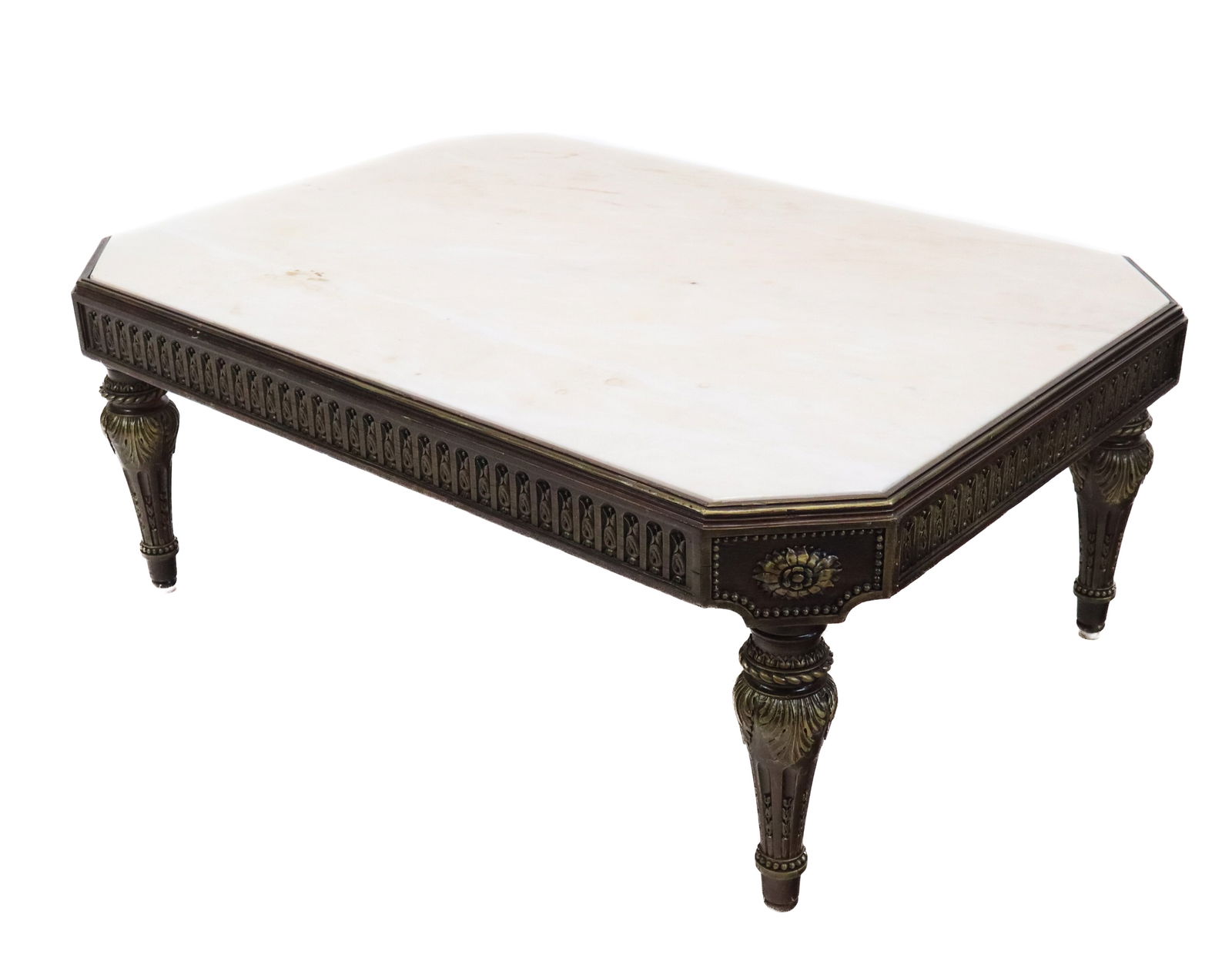 Fancy Louis XVI Style Cocktail Table: Fancy Louis XVI Style partial gilt carved and marble topped cocktail table, the marble in rectangular shape with cut corners conforming to base, very fancy carvings with stop fluted and tapered legs.