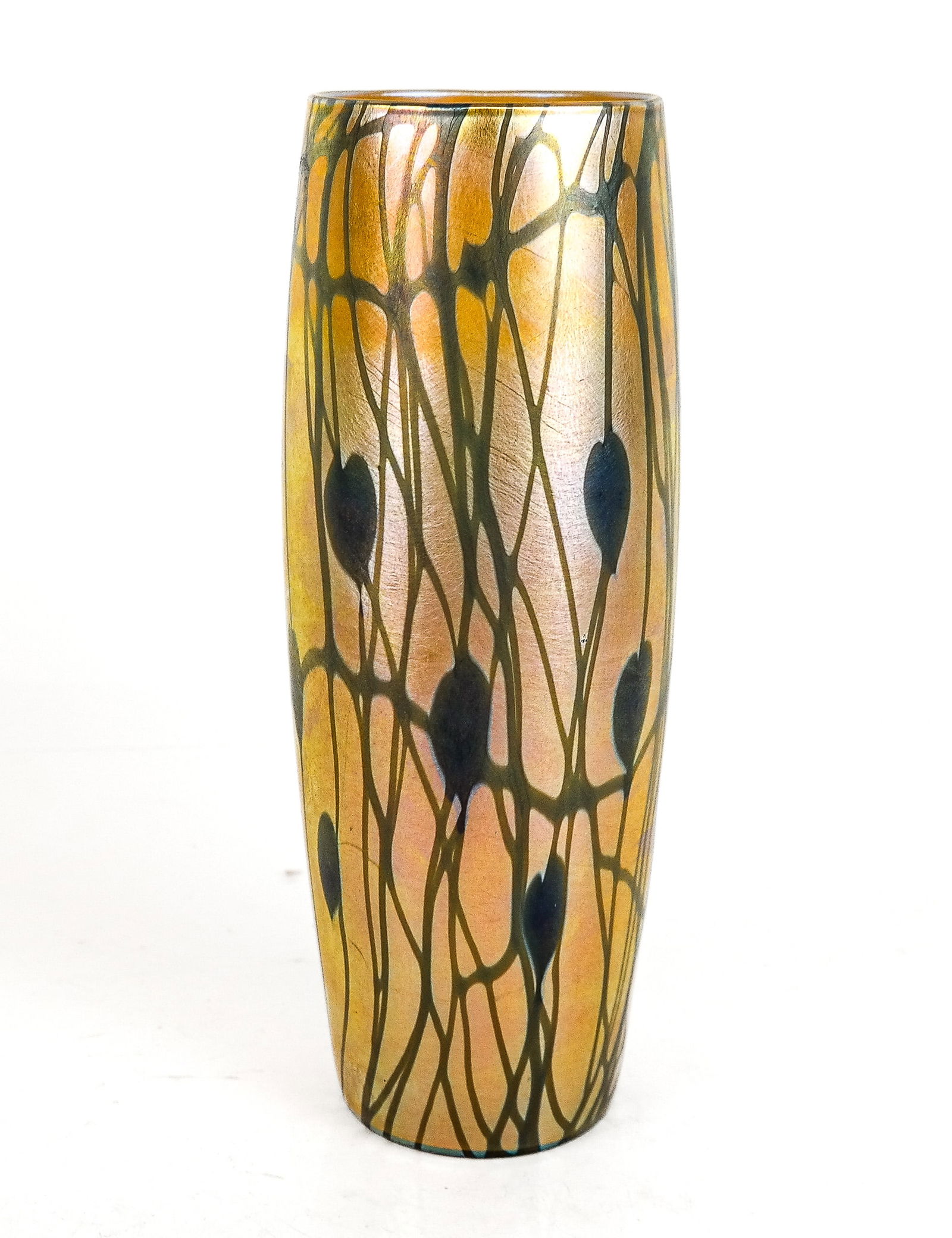 Steuben Gold Aurene "Leaf & Vine" Vase: Steuben gold aurene "Leaf and Vine" vase, New York, first quarter of the 19th century, of conical form with expanded mid section, the rich iridescent gold ground with orange/peach/pink overtones