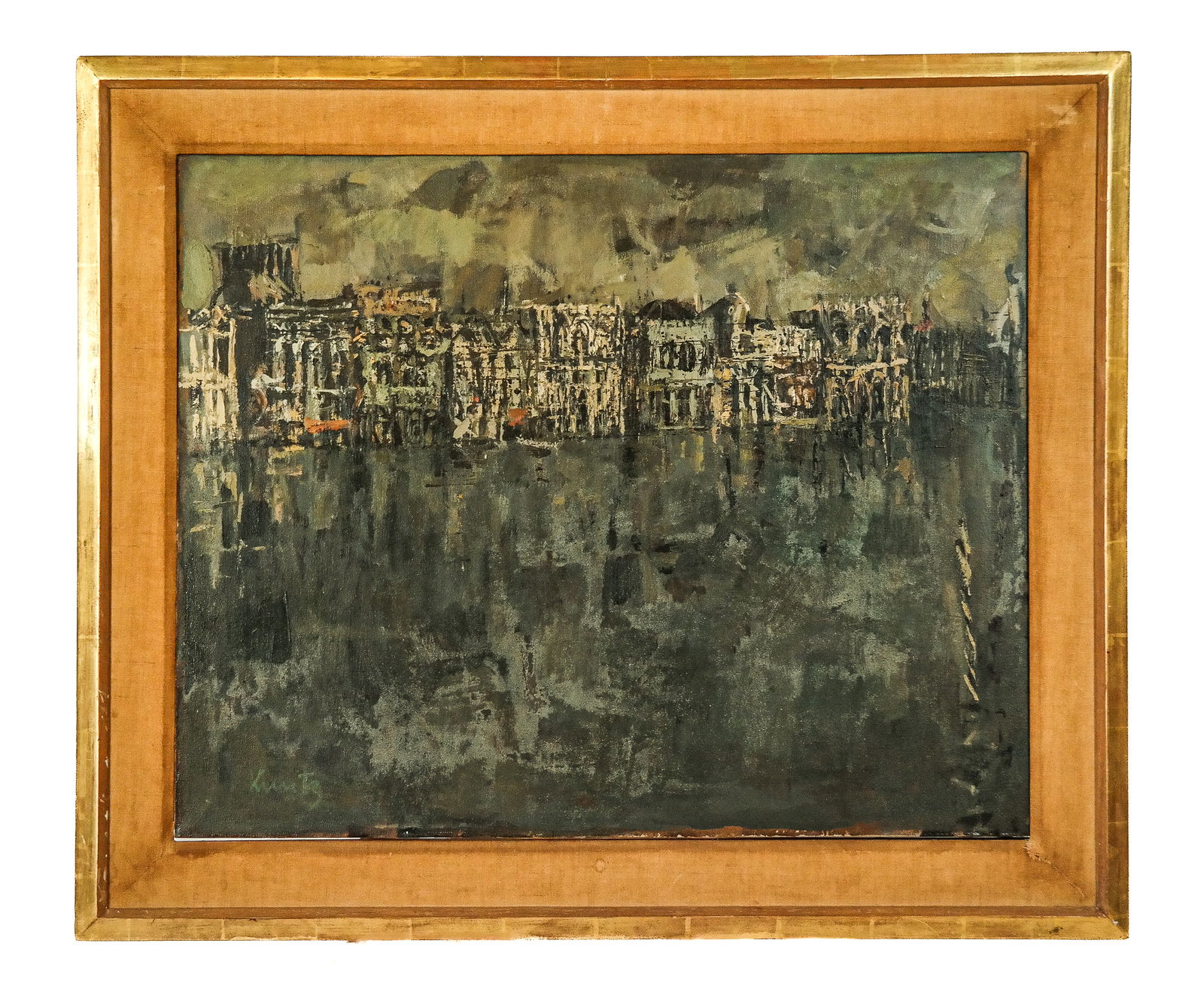 Roger Edward KUNTZ Oil on Canvas of Venice: Roger Edward Kuntz (American, 1926-1975) oil on canvas of Venice with canal to the foreground and impasto rendered architecture to background, signed Kuntz to lower left. [Framed: 31" H x 36.5" W]. Co