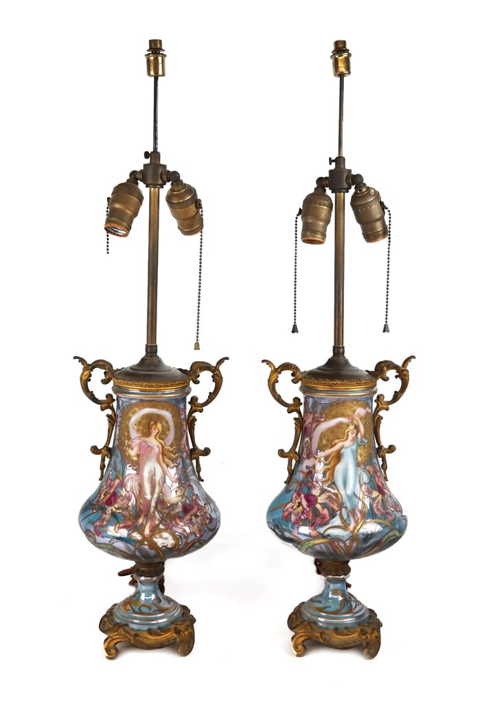 Pair of Art Nouveau Porcelain Decorated Vase Lamps: Pair of Sevres-Inspired Art Nouveau polychrome decorated floral and figural decorated vases mounted as lamps, probably Samson, probably circa 1920, each with blue lustre ground elaborately decorated w