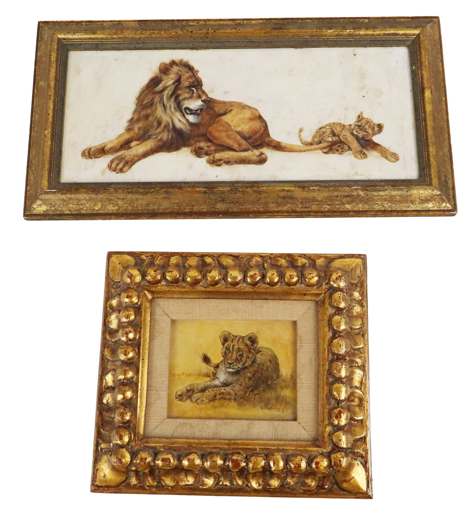 Two Paintings with Lions: Two paintings with lions, signed illegibly to lower right, comprising a work with a lion and cub dated 1964, and a work with a lioness, dated 1969, in gilt framed. [Larger: 8.25" H x 16' W]. Condition