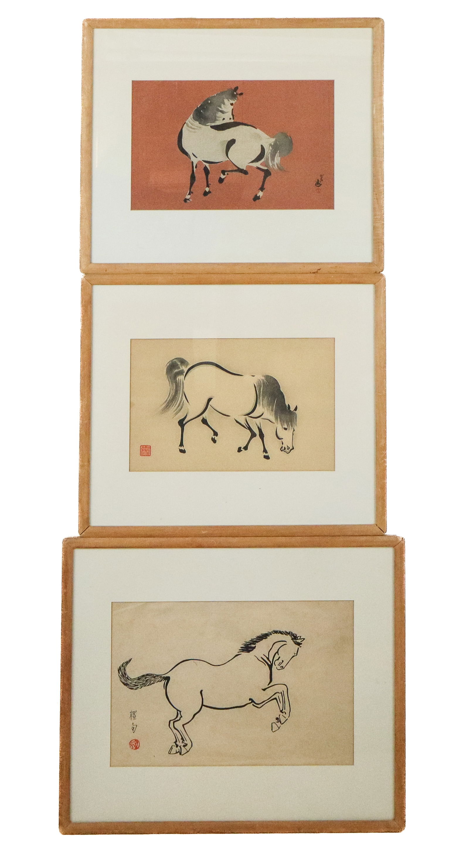 Japanese, Three Zen Woodblock Prints with Horses: Three Japanese Zen woodblock prints, early 20th century, comprising Zen Horse by Aoyama Seizan, a woodblock of a grazing horse by an unknown artist, and "Sumizuri e Horse" by Noda Sonan, all marked wi