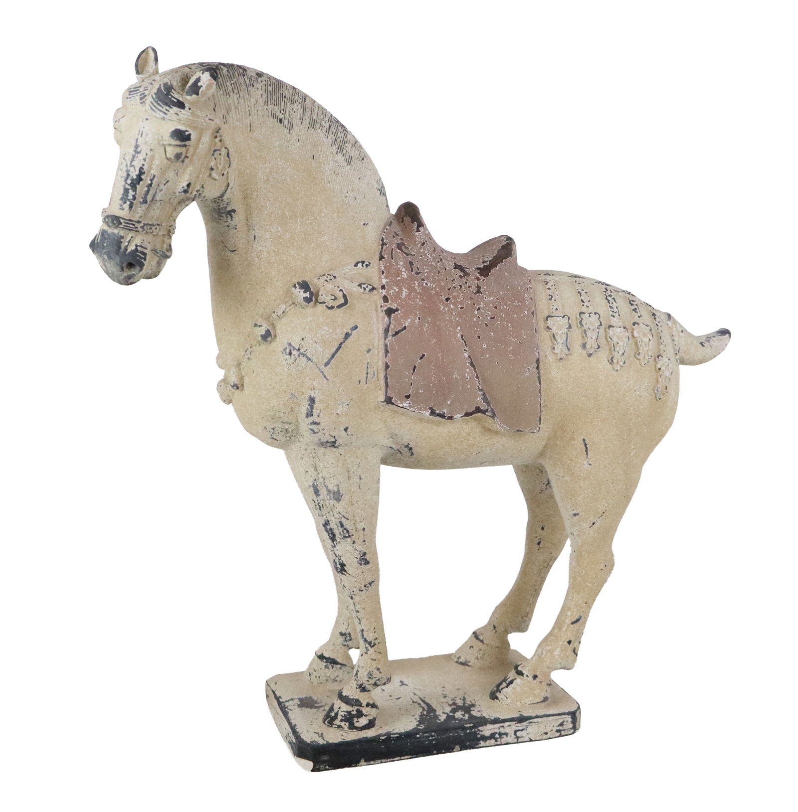 Gump's Terra Cotta Horse after the Tang: Terra cotta horse after the Tang Dynasty, 20th century, produced by Gump's, with simulated wear, stamped Gump's to base. [17.5" H x 18" W x 5" D]. Condition is good.