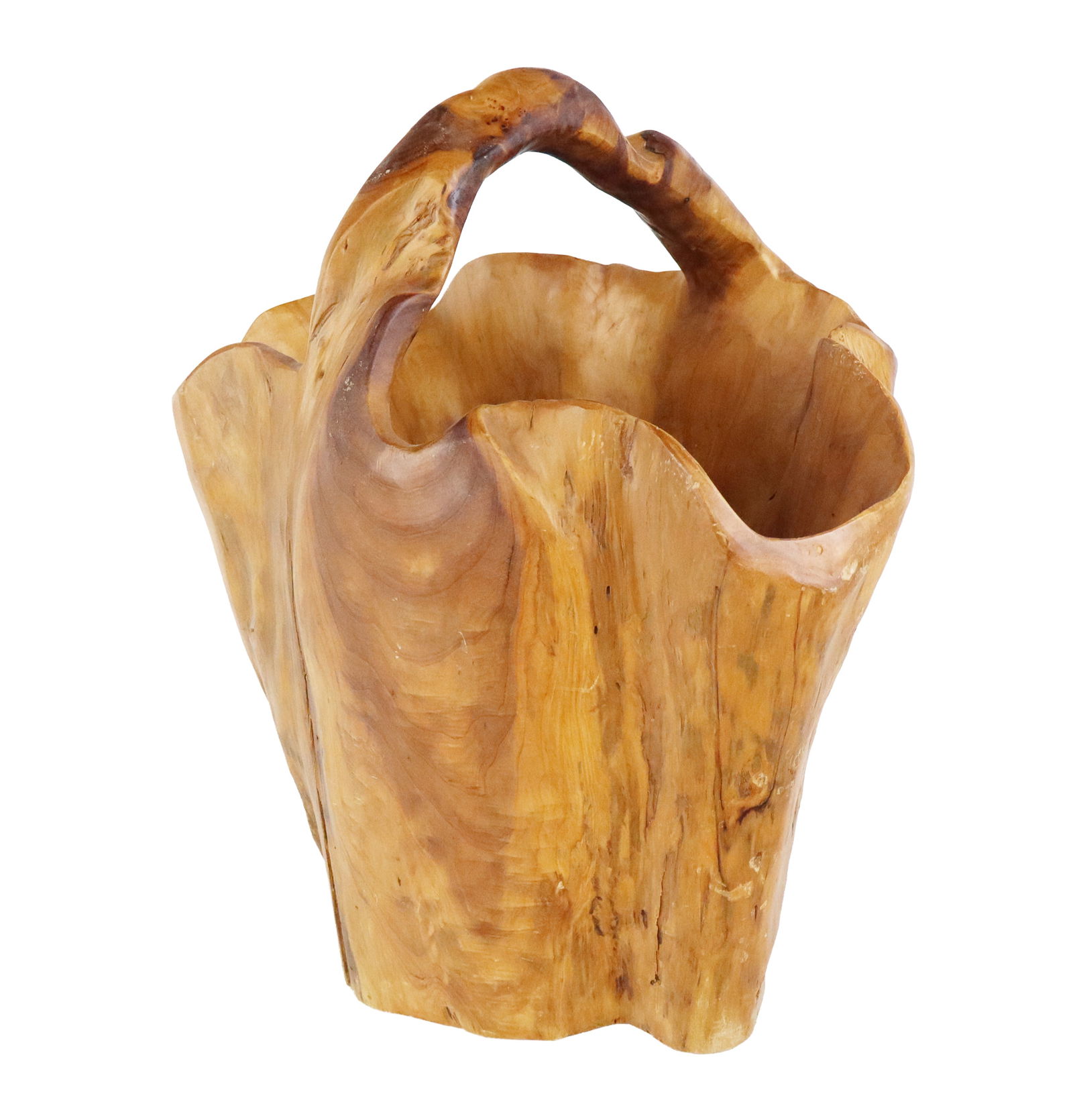 Large Japanese Solid Wood Ikebana Basket: Large Japanese solid wood ikebana basket, 20th century, with a handle, carved from a single piece of wood. [20" H x 17.5" W x 13" D]. Condition is good with cracks to one side.