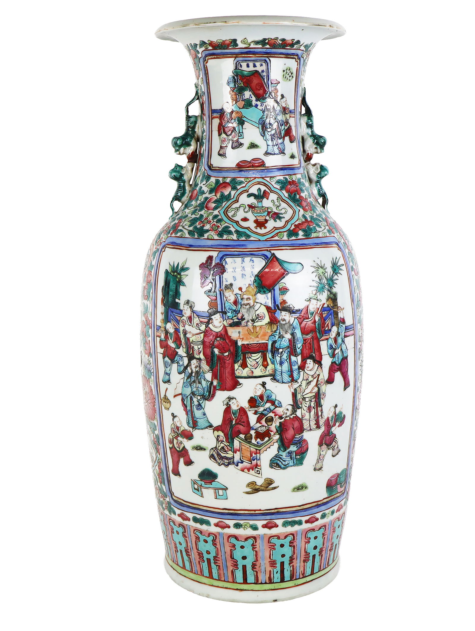 Chinese Famille Rose Export Baluster Vase: Chinese famille rose export baluster vase, 20th century, with two handles, and figural cartouches and two foo dog form handles to upper. [24" H x 11" Diameter]. Condition is fair with a significant re