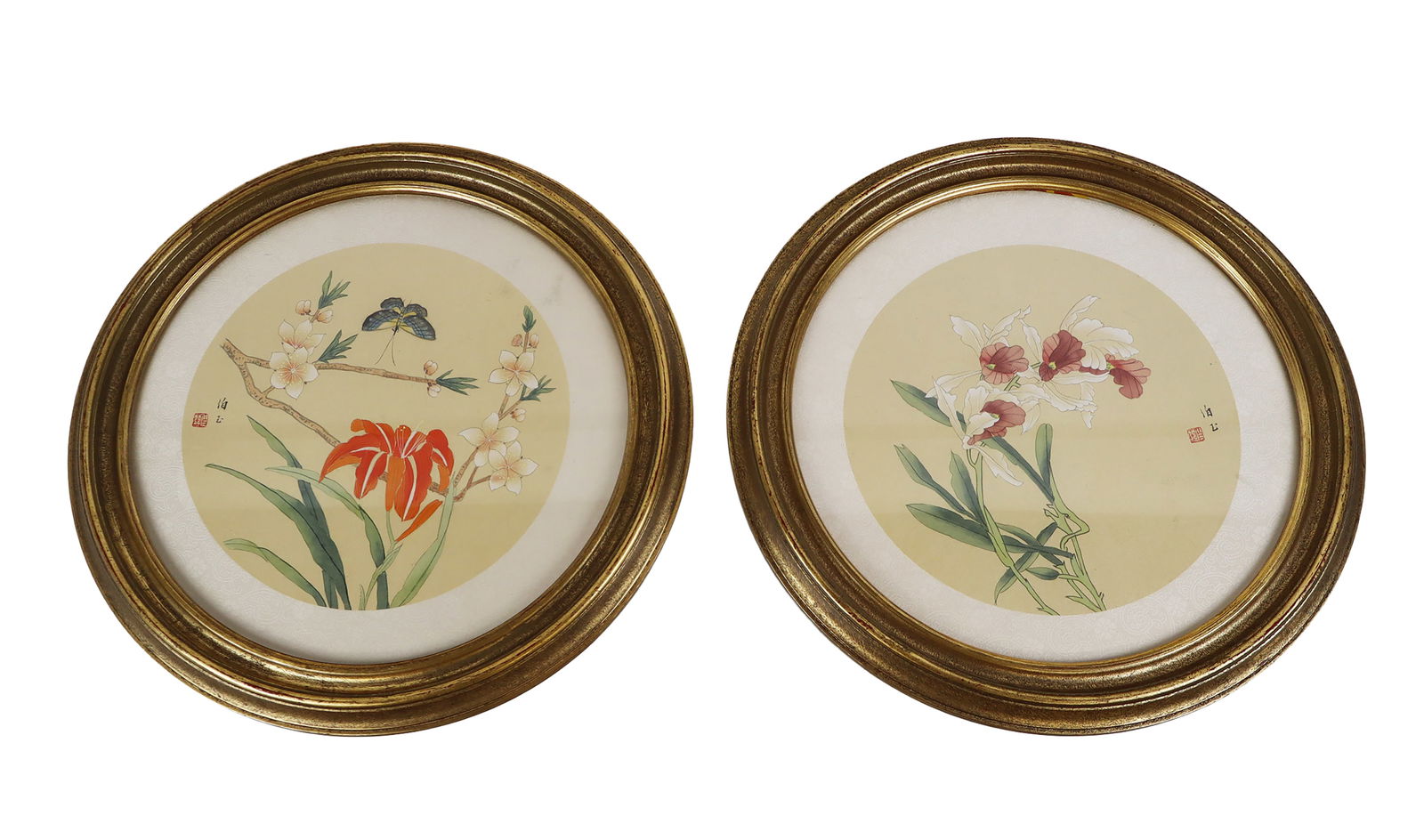 Two Chinese Ink on Silk Paintings: Two Chinese ink on silk paintings, 20th century, signed to lower right with a seal, in gilt frames. [Framed: 15.5" Diameter]. Condition to each is good.