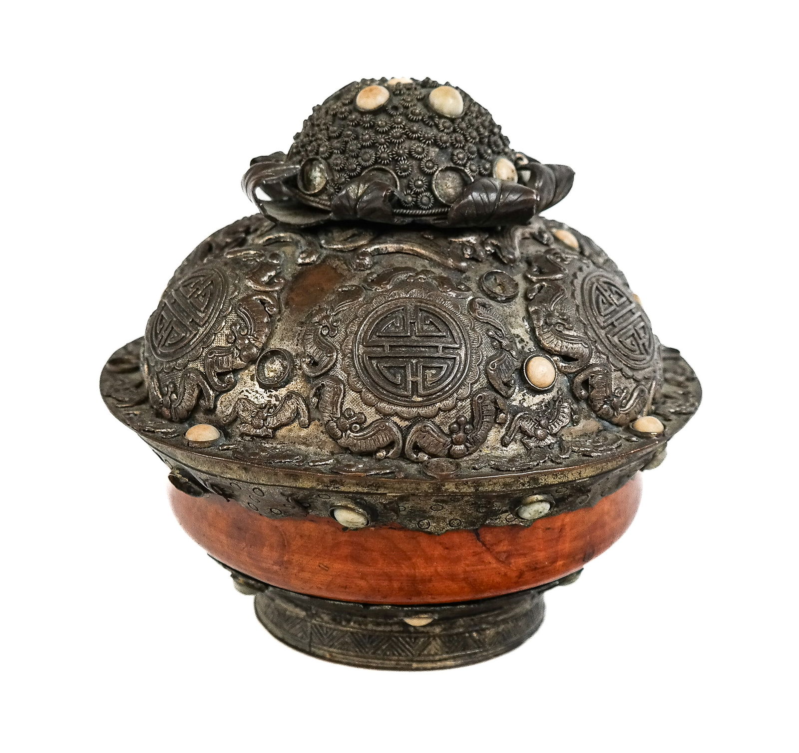 Chinese Qing Silvered Copper and Root Wood Censer: Chinese silvered copper and root wood censer, Qing Dynasty, with elaborate tooled metal decoration with bats and seals and inset stones to upper, upper interior later enameled with smaller lid not