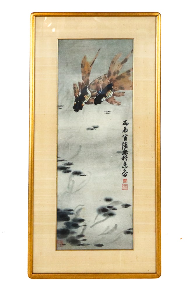 Chinese Ink on Paper with Fish: Chinese ink on paper, Qing Dynasty, late 19th century, depicting two fish at upper, with ink wash design at lower, and a Chinese inscription to right side, with three seals. [Framed: 41" H x 20" W].