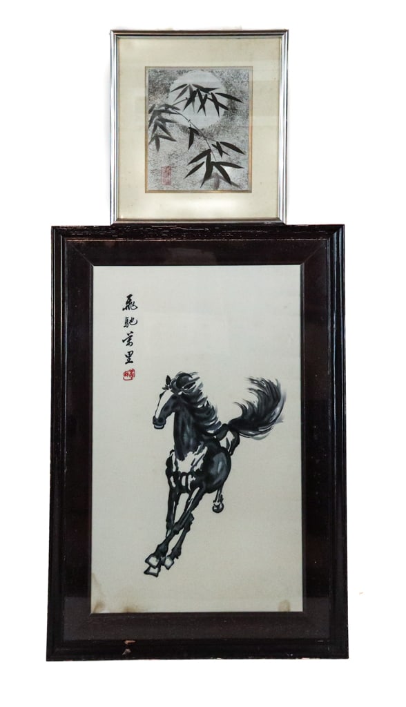 Chinese Silk Embroidery & an Ink on Paper Work, 2: Two Chinese works, 20th century, comprising an embroidery on silk of a running horse with an inscription poem to left side and an embroidered seal, and an ink on paper work of bamboo leaves with a sea