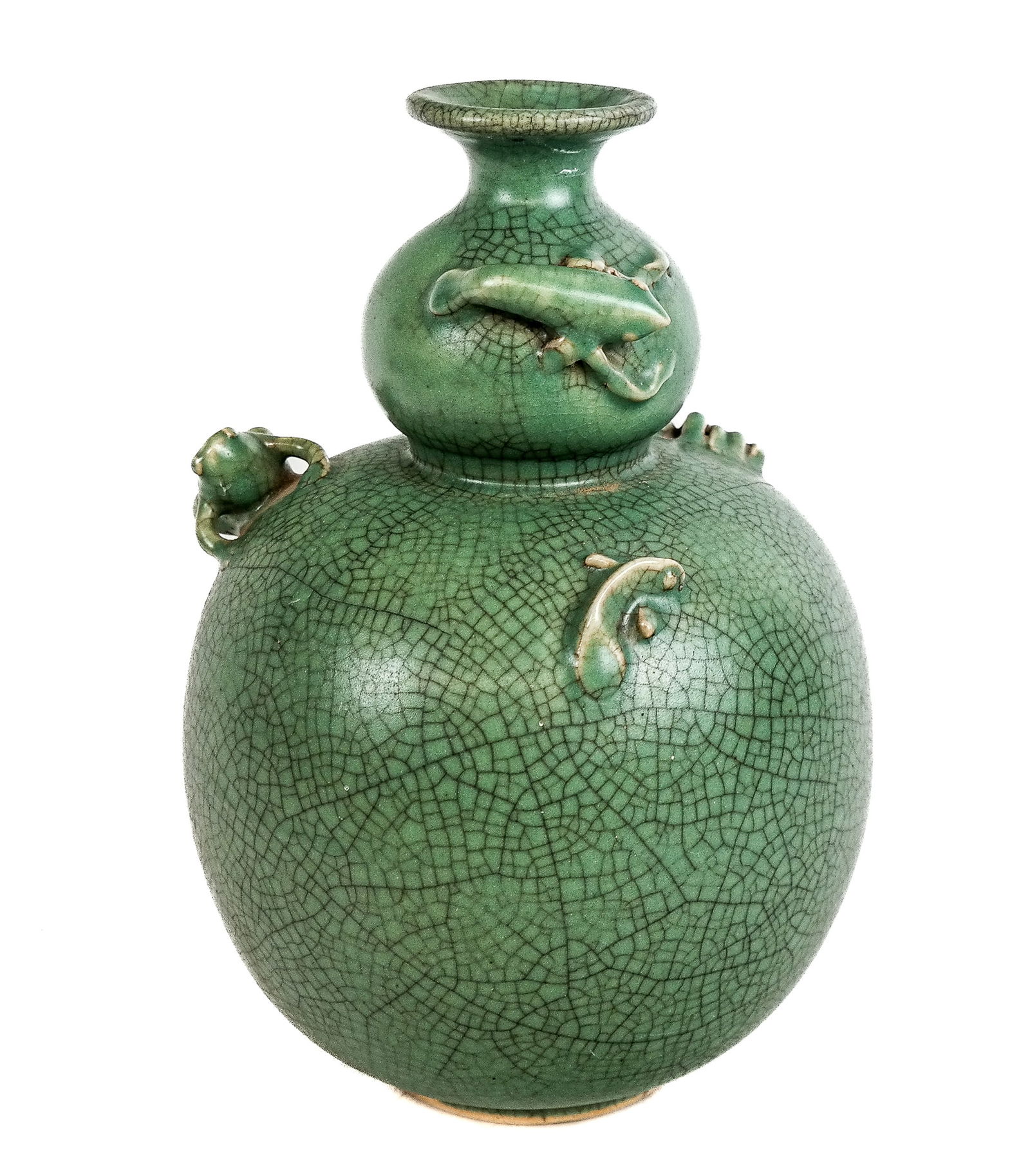 Chinese Celadon Double Gourd Vase with Animals: Chinese celadon double gourd vase, 19th century, with frog, crayfish, crab, and fish decoration, unmarked. [11" H x 8.25" Diameter]. Condition is good with crazing and two areas of repair to lip.