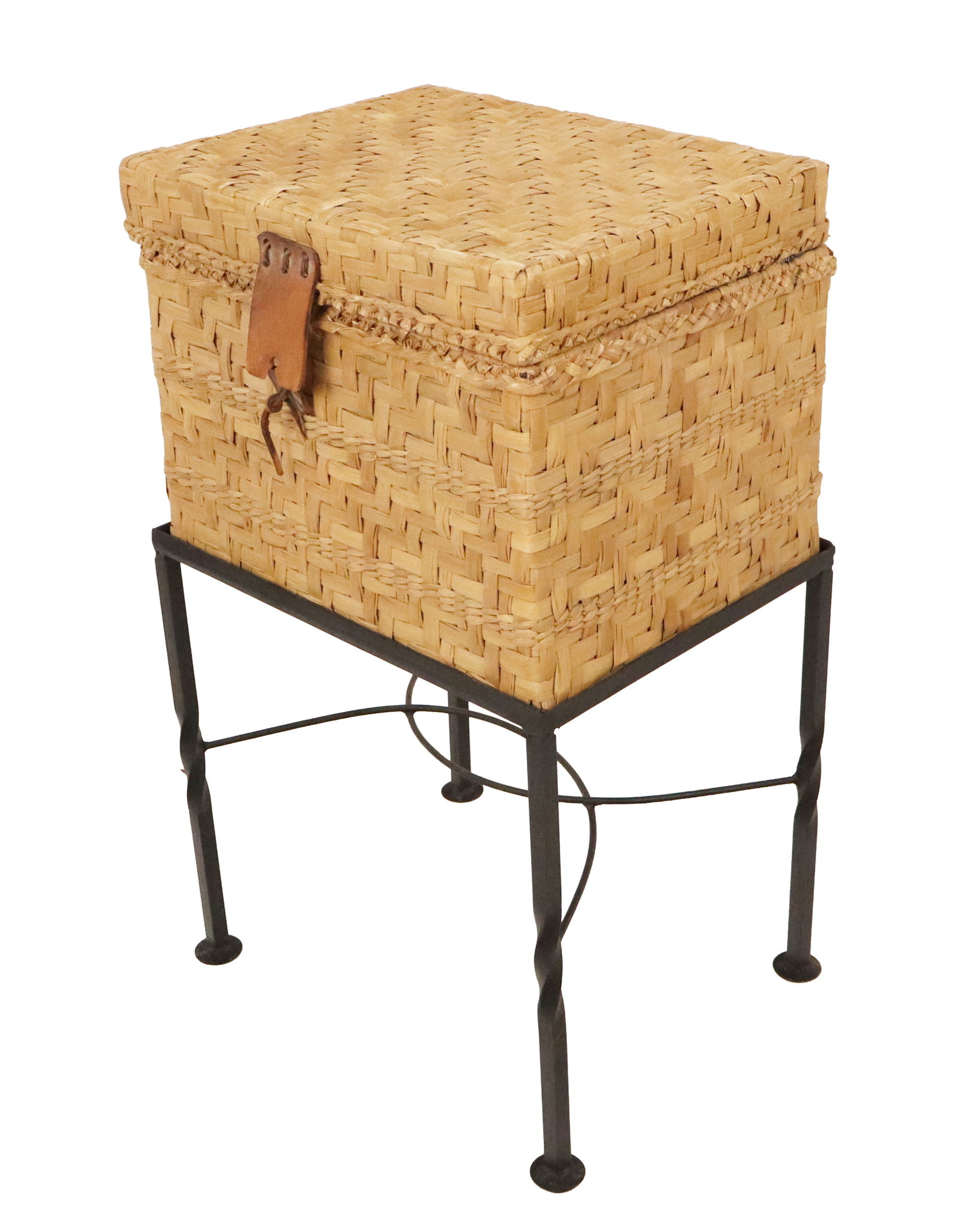 Basket on a Wrought Iron Stand: Basket on a wrought iron stand, 20th century, with filing case to interior. [29" H x 16" W x 13" D]. Condition is good with some losses to basket.
