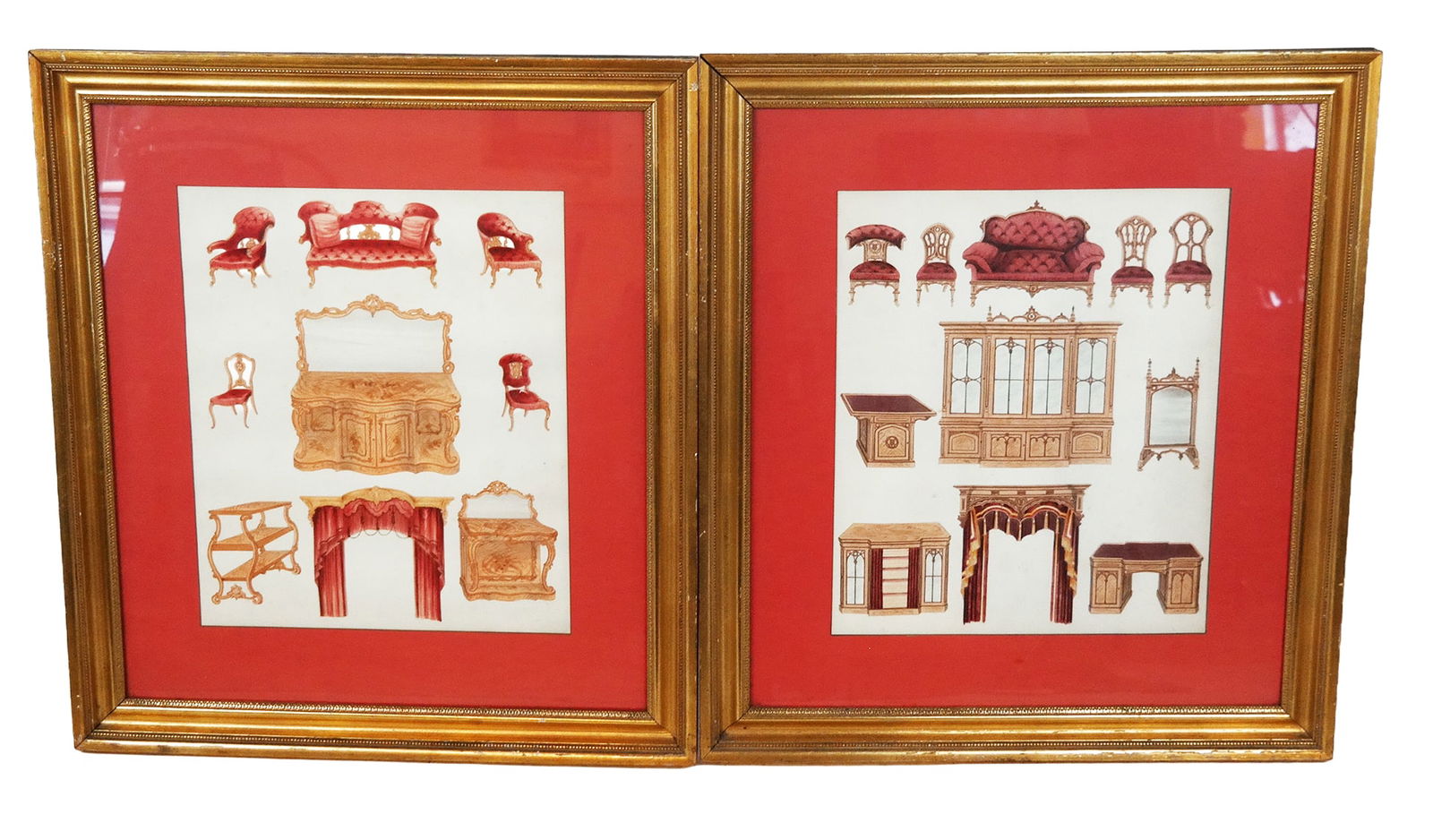 2 20th Century Decorative Furniture Prints: Group of two decorative prints, 20th century, after 19th century French originals, each depicting antique furniture illustrations, with red mats and gilt frames. [Sight: 17.5" H x 14.5" W; Frames: 27.