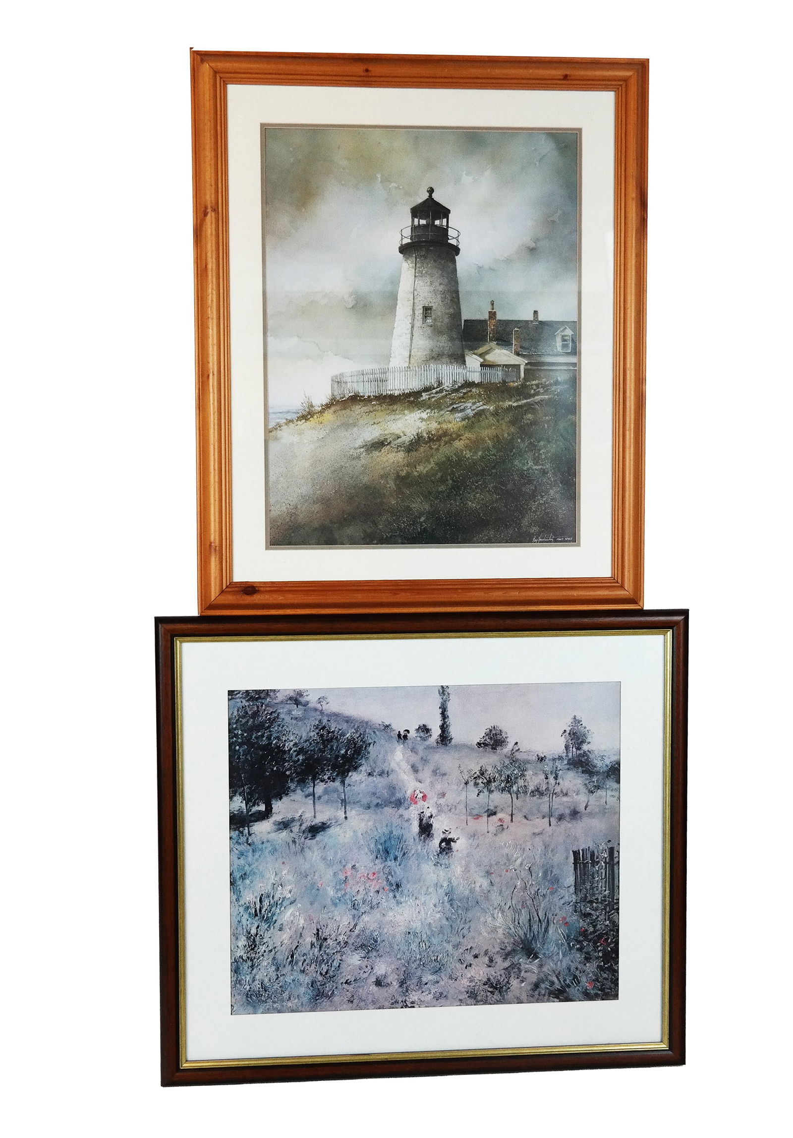 Renoir & Hendershot, 2 Reproduction Art Prints: Group of two art reproduction prints, 20th/21st century, including a copy of Pierre-Auguste Renoir's "Chemin montant dans les hautes herbes" and a lighthouse scene after Ray Hendershot (American, b. 1