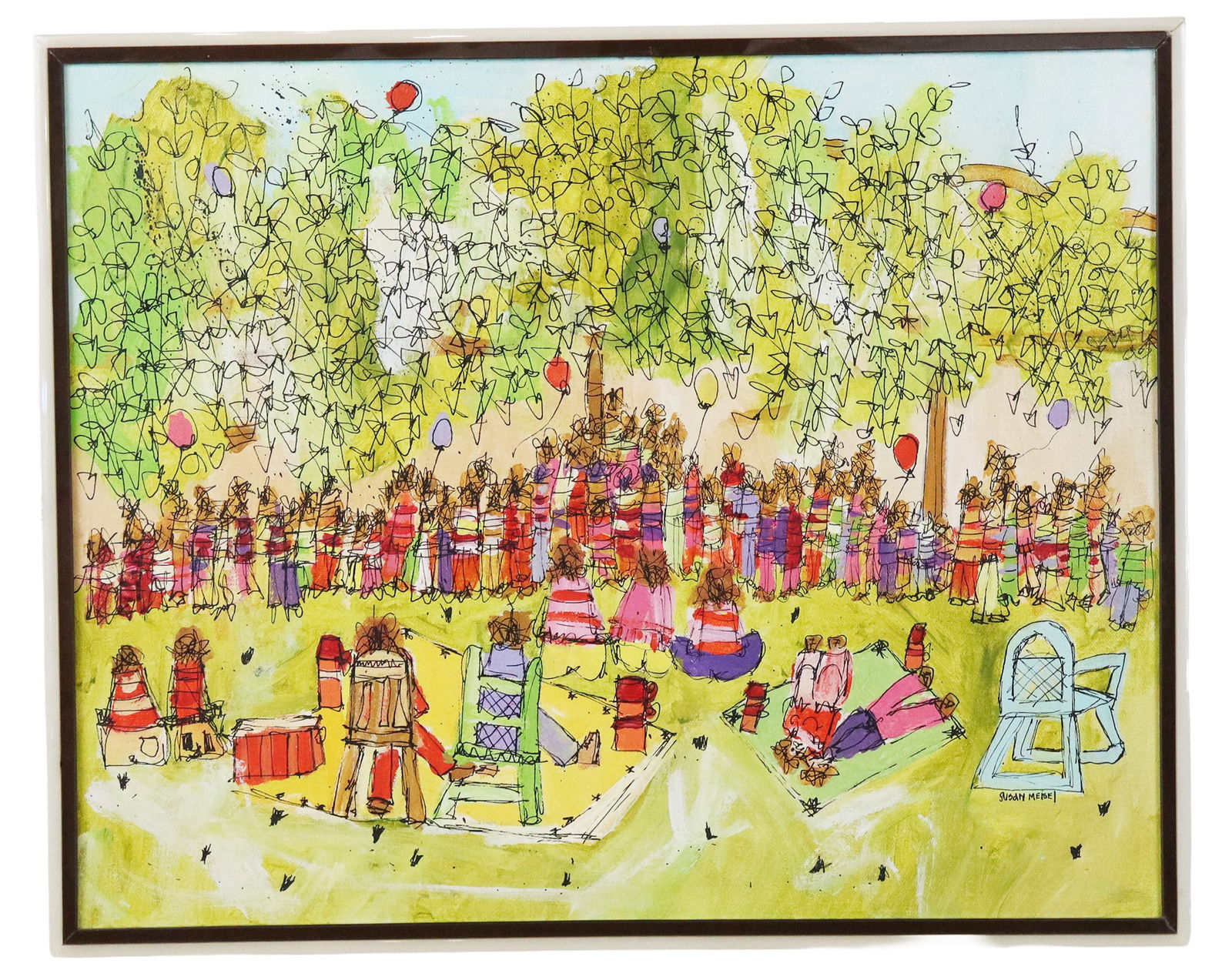 Susan Pear Meisel (Amer. b. 1947) Oil: Susan Pear Meisel (Amer. b. 1947) Oil - Oil on canvas Park scene with figures with balloons and trees. Signed lower right. [15.5" H x 19" W, framed 17" H x 21" W]. Fine condition. From the Estate of D