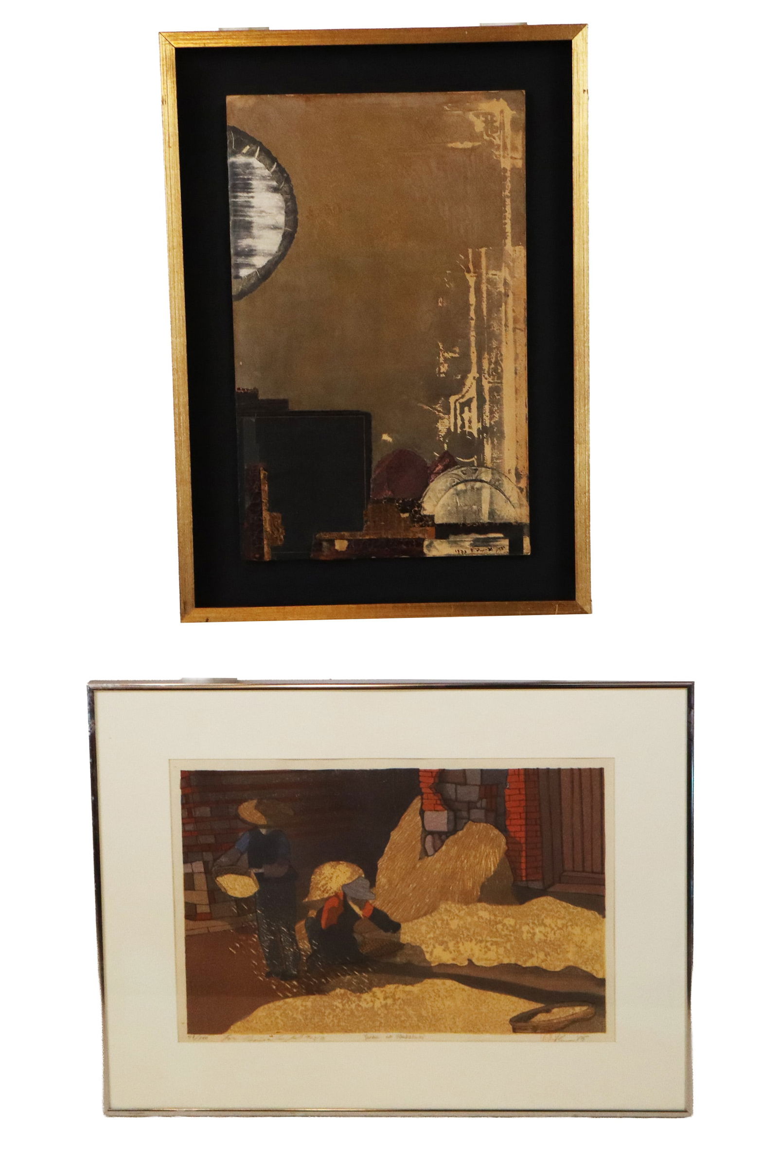 2 Framed Works of Art - Woodblock and Collage: 2 Framed Works of Art - Color Woodblock by Joshua Rome "Yunan no Shukakuki", signed and numbered 43/100 [Framed 16" x 22"] AND Signed illegibly a mixed media and collage abstract work on cardboard pan