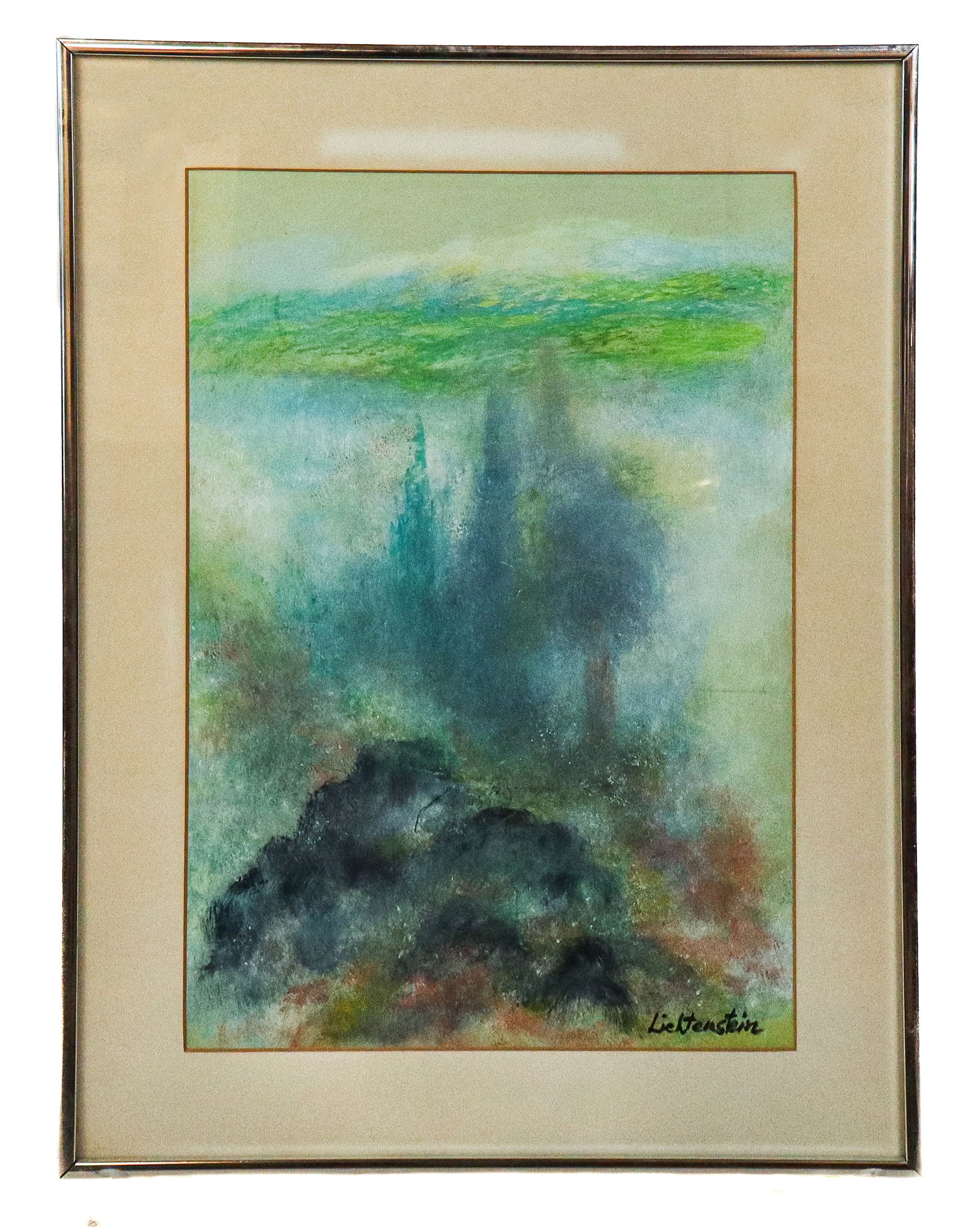 Abstract Pastel on Paper Landscape, Lichtenstein: Abstract pastel on paper landscape, 20th century, signed Lichtenstein, in a frame. [Framed: 24.5" H x 18" W]. Condition is good. From the Estate of Denise Cohen LOCATED ROOM 1