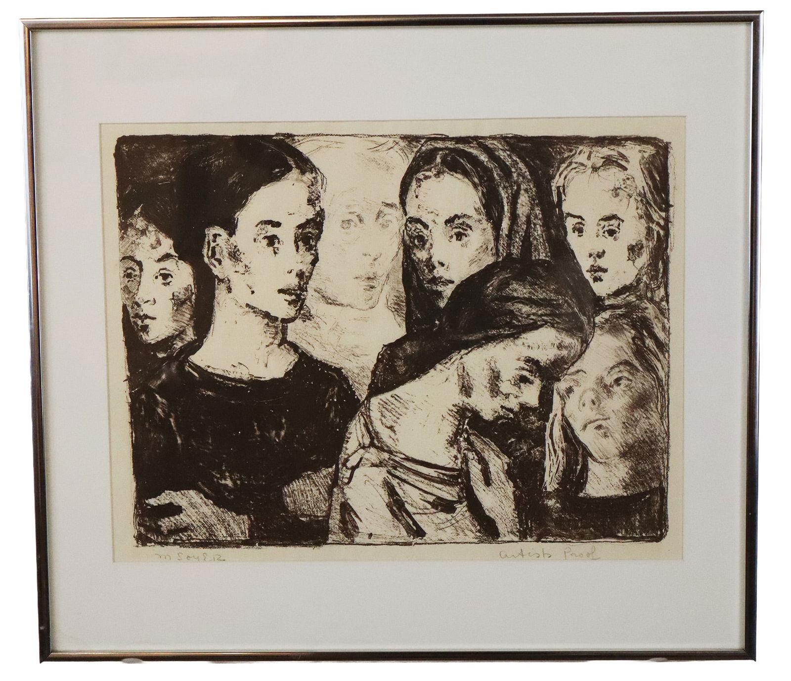 Moses SOYER Women's Faces Print: Moses SOYER (American, 1899-1987) print - Women's faces and heads, signed lower left, Artist Proof, No Number. [Frame: 18" H x 20" W]. Paper curling throughout. From the Estate of Denise Cohen HALLWAY