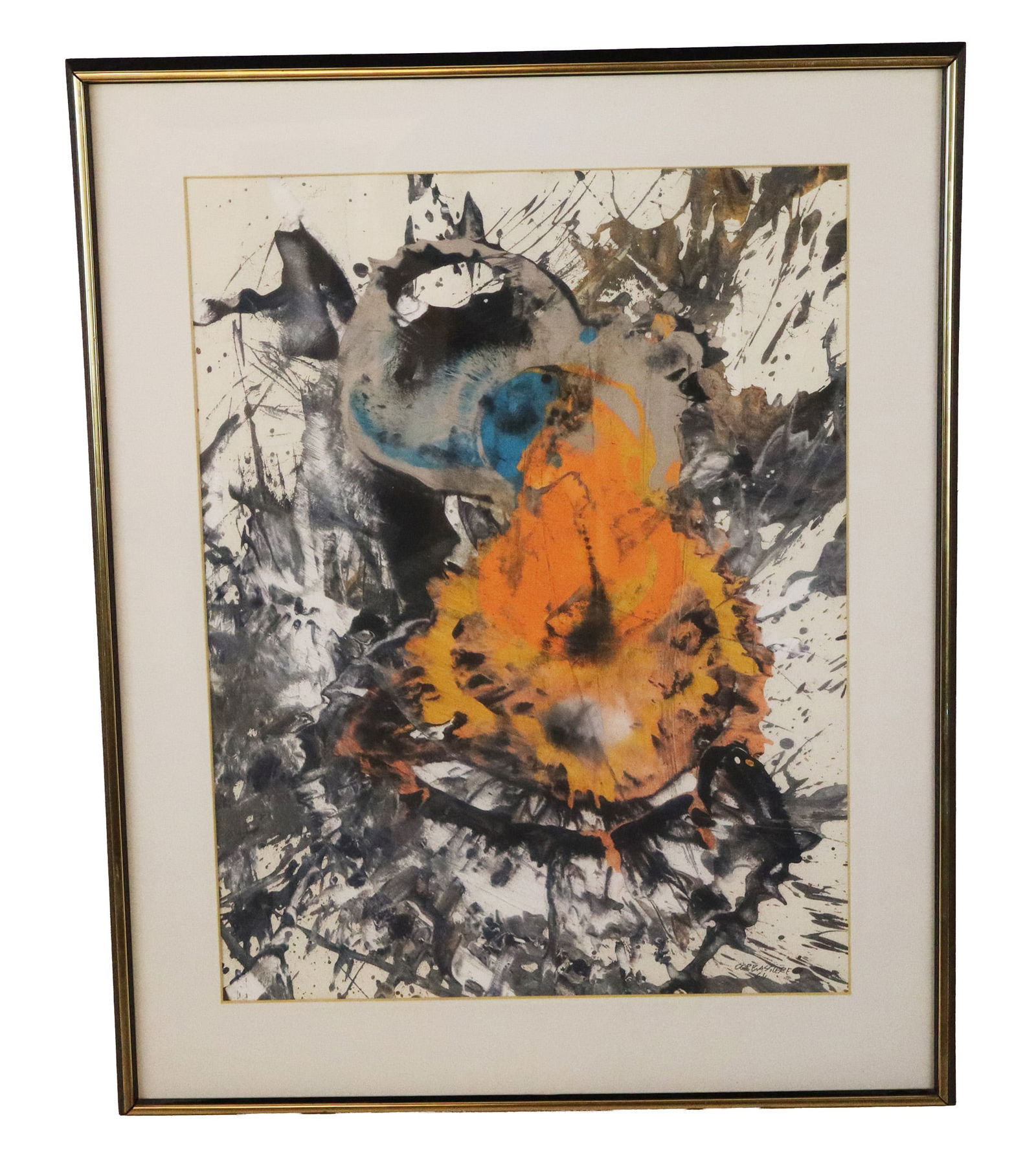Yves CORBASSIERE Abstract Splatter Oil on Paper: Yves CORBASSIERE (French, 1925-2020) Oil on Paper - Splatter of medium in abstract, in black and white and orange and blue, signed lower right, dated '64. [Art: 25" H x 19" W, Frame: 33" H x 26" W]. G