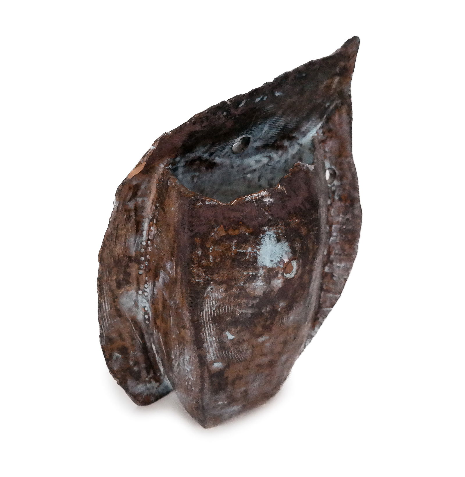 Juliette Derel Ceramic Glazed Vase: Juliette Derel ceramic glazed pocket form vase, mark to base "Juliette Derrel 97". [15" H x 12" W x 6" D]. Overall condition is good to fair with scattered chips to edge. From the Estate of Denise Coh