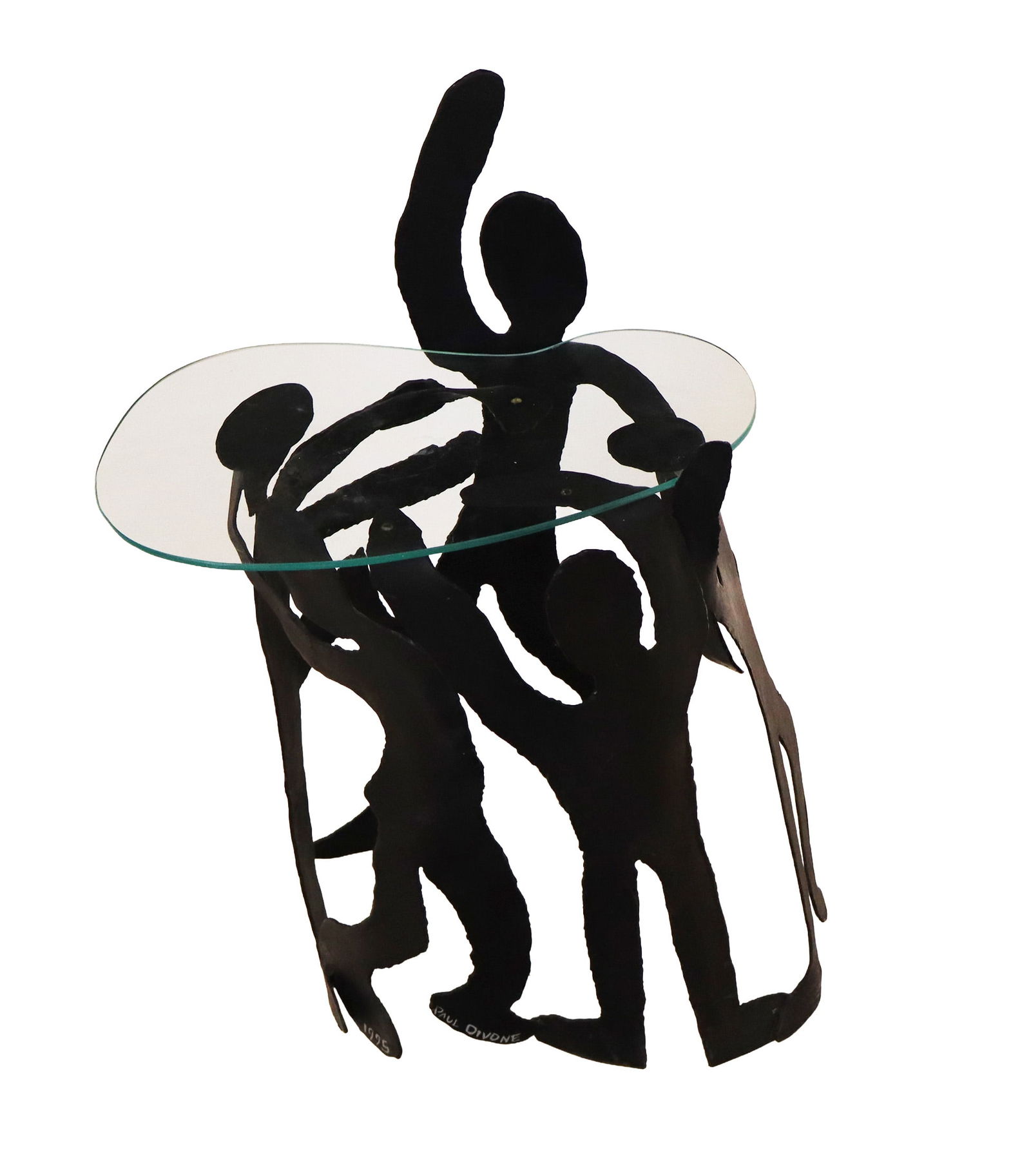 Paul Divone Black Steel Figural Table: Paul Divone contemporary matte finish black figural table with glass top, signed Paul Divone 1995. [29.75" H x 15" W x 14" Diameter, Glass Top: 19" H x 12.5" Diameter]. From the Estate of Denise Cohen