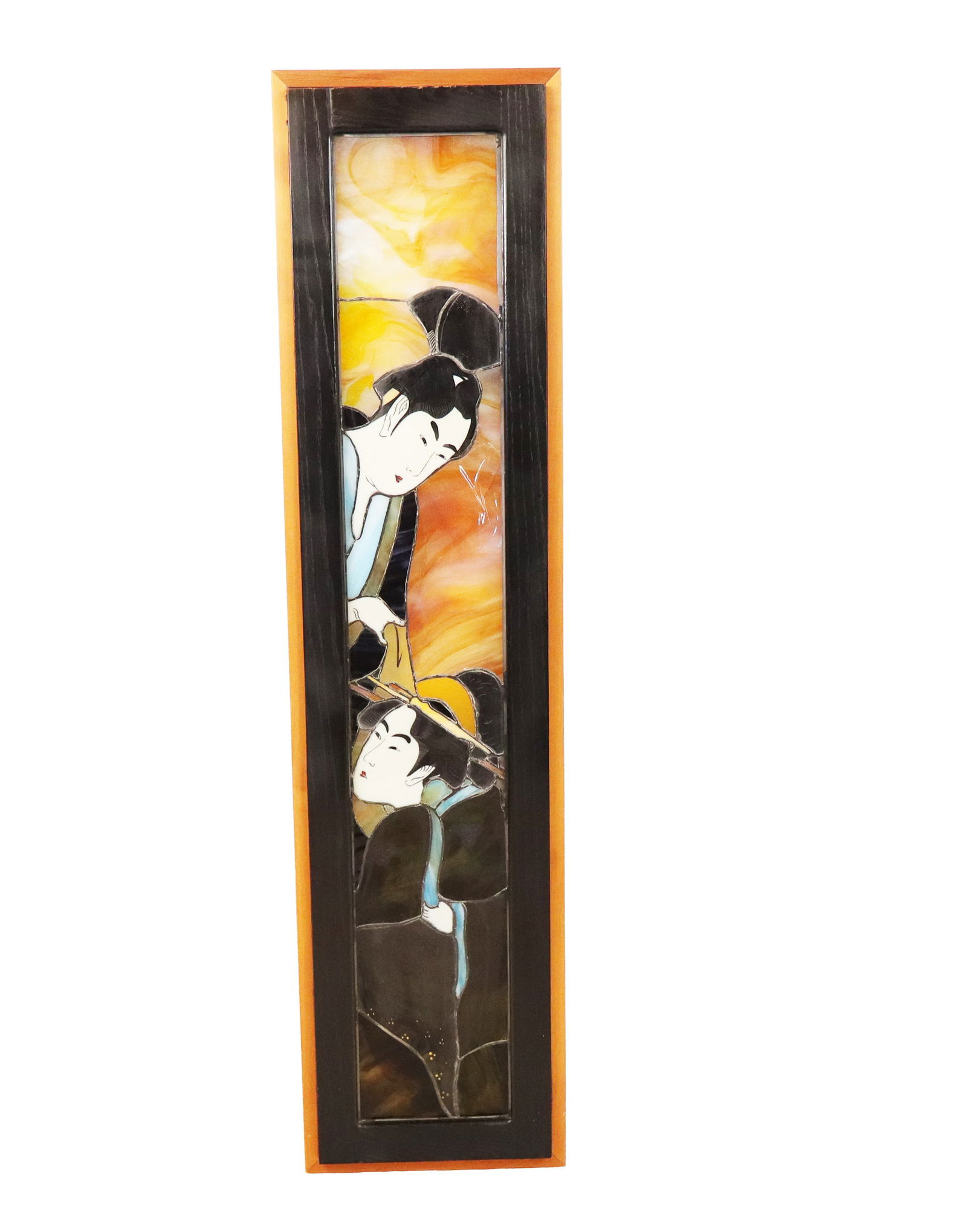Joseph Sitko Stained Glass: Joseph Sitko Asian decorated stained glass window depicting two women in an oak shadowbox frame. [53" H x 13" W x 6.25" D]. Condition is good to fair with two prominent cracks to slag glass at upper.