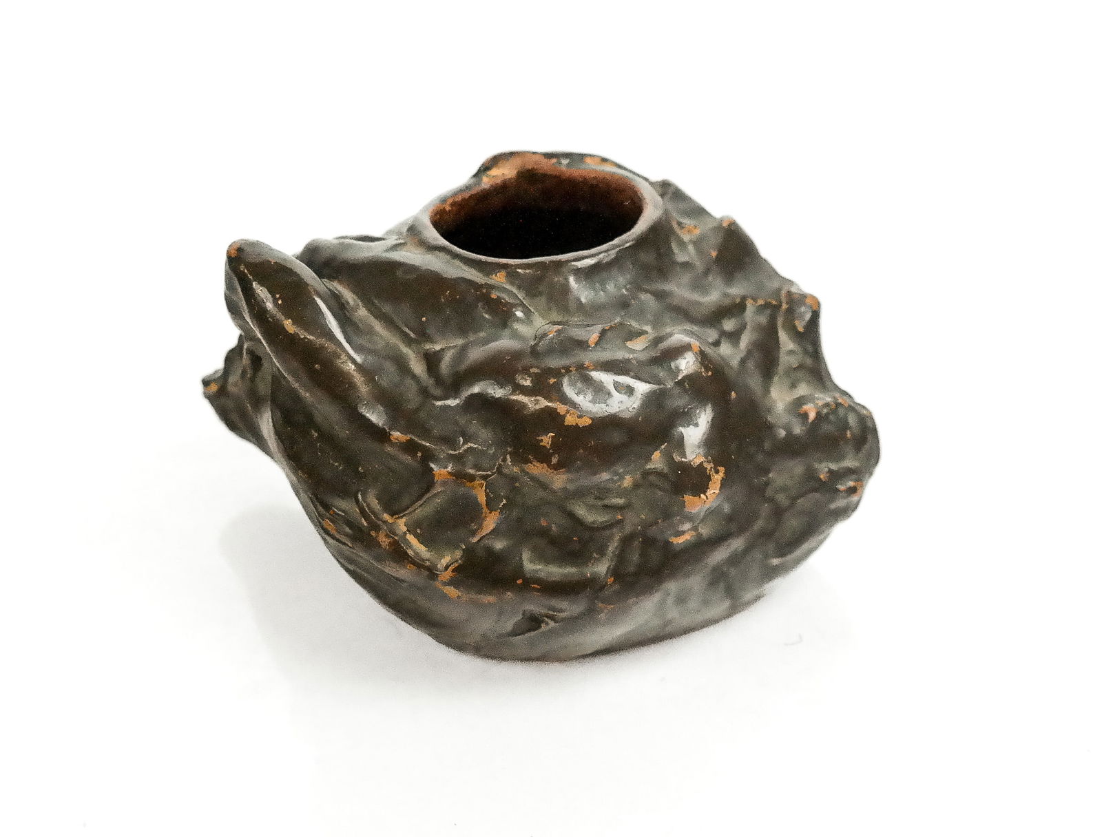 Art Nouveau Figural Pottery Vase: Art Nouveau figural pottery vase, French, 19th/early 20th century, with a nude figure, signed M. Chany with copyright to one side at lower. [2.25" H x 7" W x 5" D]. Condition is good with surface