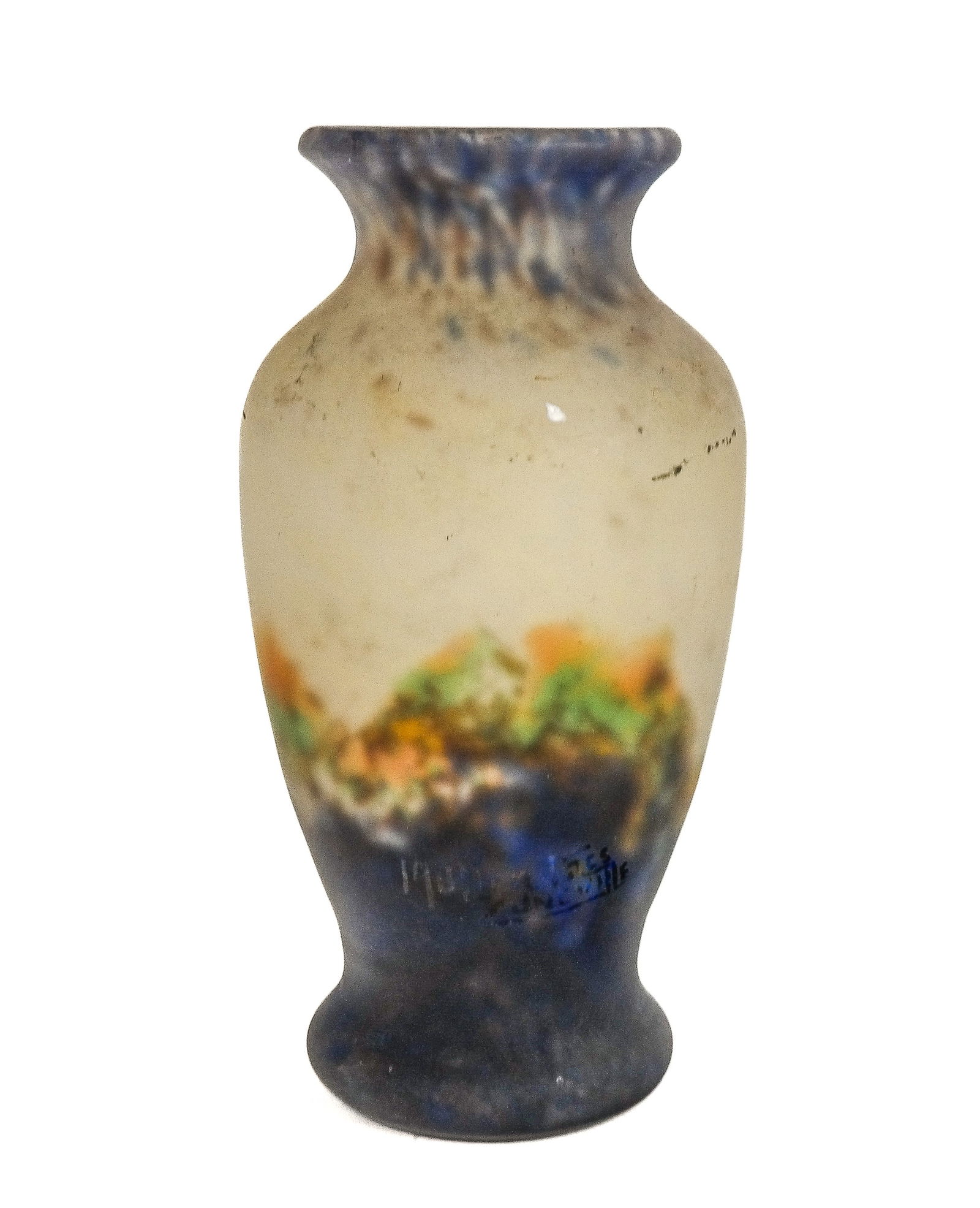 Muller Freres Glass Vase: Muller Freres art glass vase, 20th century, with etched Muller Freres signature to lower with Luneville. [7" H x 4" Diameter]. Condition is good with some minor wear including minor chips to base.