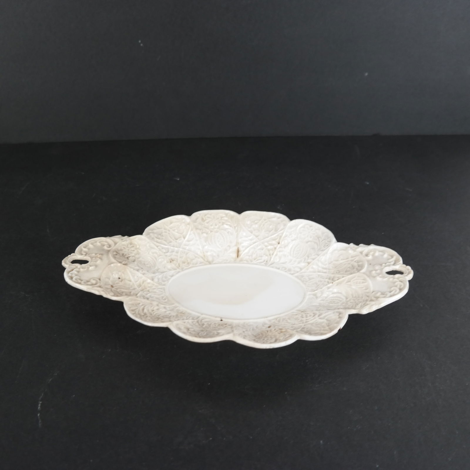Gothic-Style Decorated White Ceramic Dish: Stained creamware ceramic lobed dish, decorated in the Gothic-style. [1 1/4" H x 10" W x 6" D]. Chips and wear.
