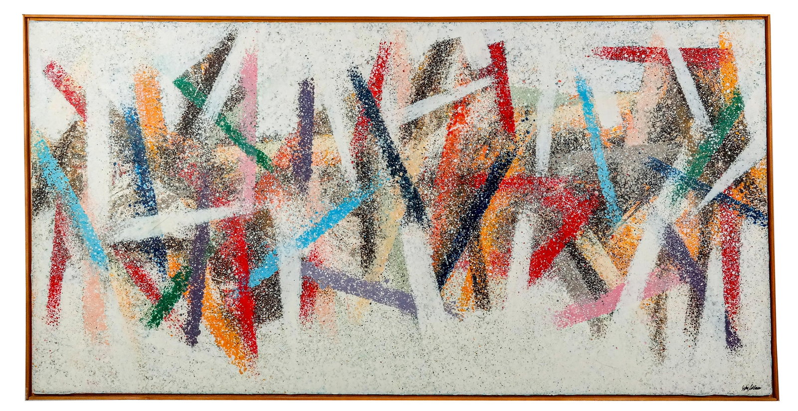 Jeffrey GOLDMAN Every Which Way Abstract on Canvas: Jeffrey Goldman, likely American 20th century, "Every Which Way" abstract acrylic on canvas, signed to lower right, with a label affixed to verso. [37.5" H x 75.5" W]. Condition is good with light wea