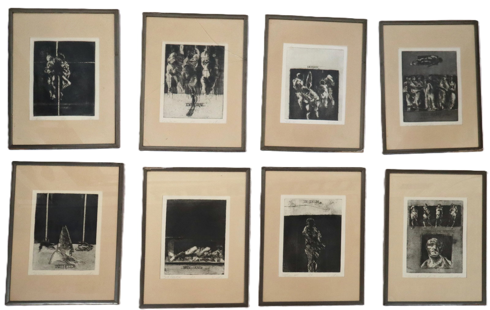 Frank RAMPOLLA Murder in the Cathedral Etchings, 8: Frank Rampolla (American, 1931-1971) etching and aquatints on paper from Murder in the Cathedral after the drama by T.S. Eliot, circa 1960, comprising "Title Page I", "Interlude V", "Enter Becket II",