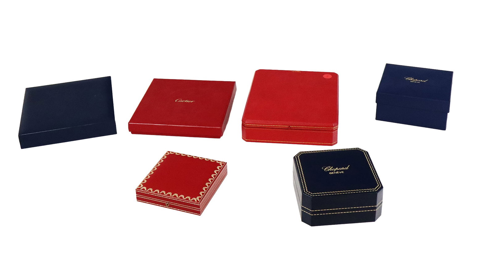 Group of Signed Jewelry Boxes & Bags, 7: Group of signed jewelry boxes and bags, including Cartier, Ippolita, Erwin Pearl, Shreve & Company and Chopard. Overall condition is good.