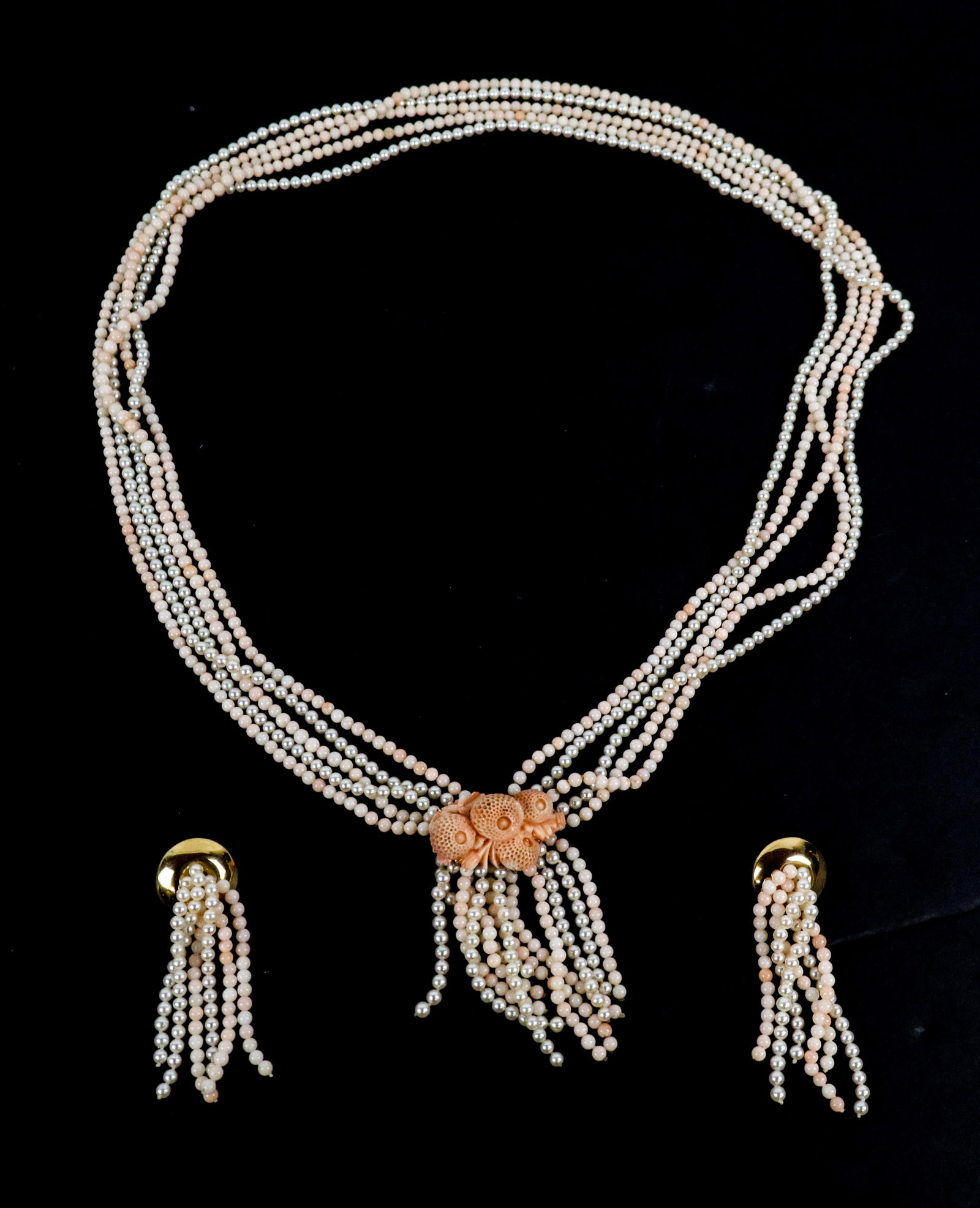 Coral and Cultured Pearl Necklace & Earring Set, 3: Pale pink coral and cultured pearl necklace and earring set mounted with 14K gold, comprising a five strand necklace centering a carved coral plaque of flower buds and suspending a fringe of coral and