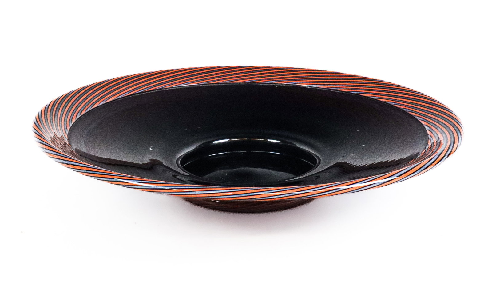Lino TAGLIAPIETRO Vintage Art Glass Bowl: Lino Tagliapietro vintage art glass bowl, Murano, 1982, the black glass center retained by a white border, reverse and foot of orange, gray and black swirl pattern, marked on reverse "Lino Tagliapietr