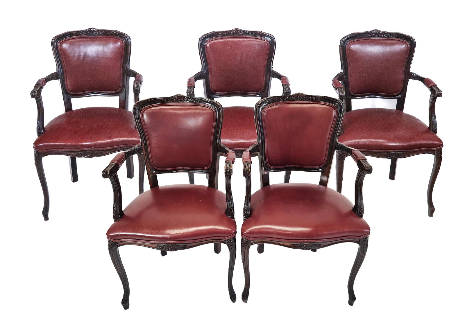 Set of Five French Fauteuils: Set of Five French fauteuils with open padded arms, upholstered in purple leather, carved mahogany frames. Mid 20th century. [36" x 23" x 23"]. Good condition.