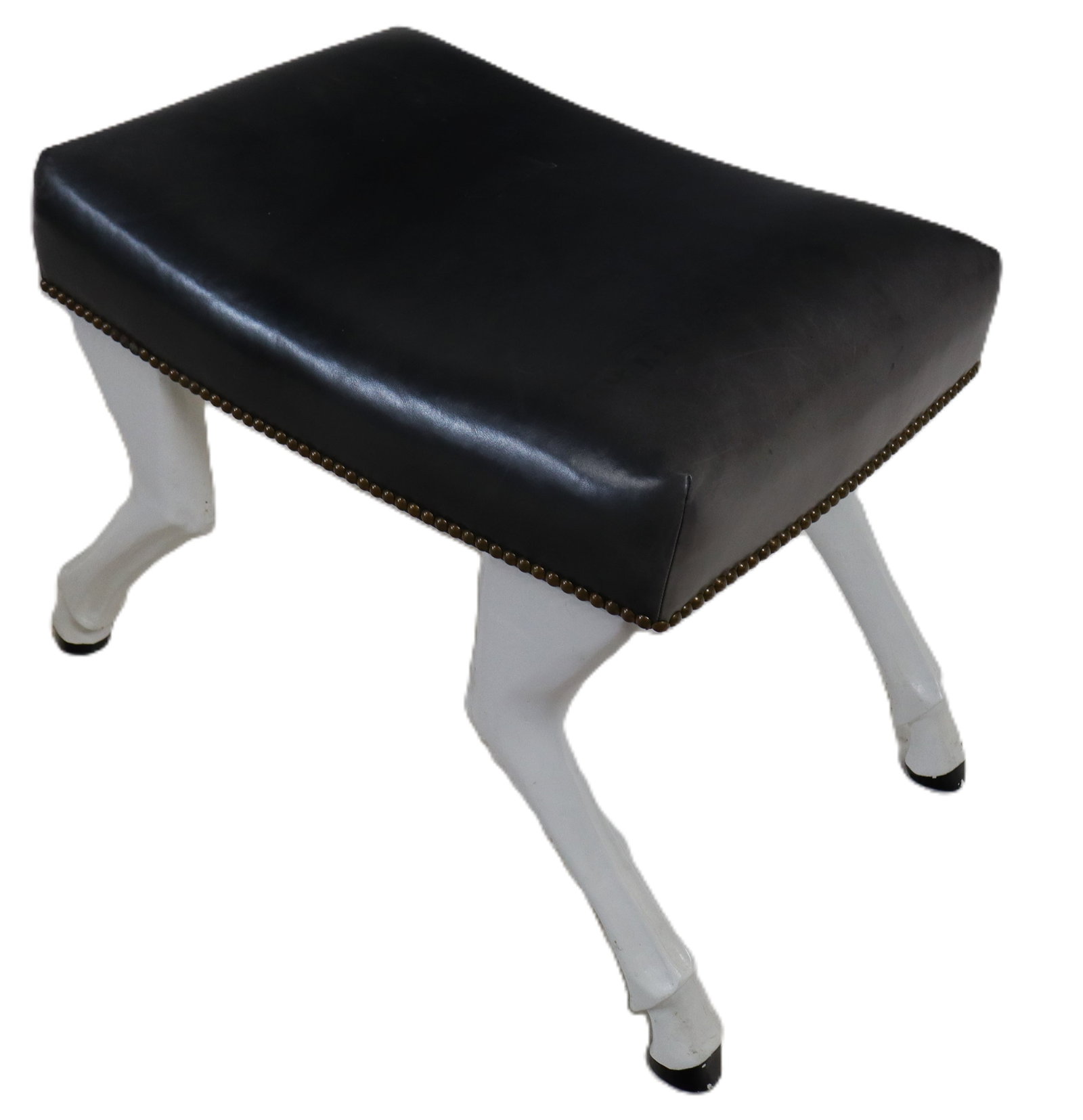 Modernist Faux Animal Leg Bench: Modernist faux animal leg bench, blue/gray leather upholstered and studded trim on painted faux animal legs. [21" H x 30" x 18"]. Sun fade to leather.