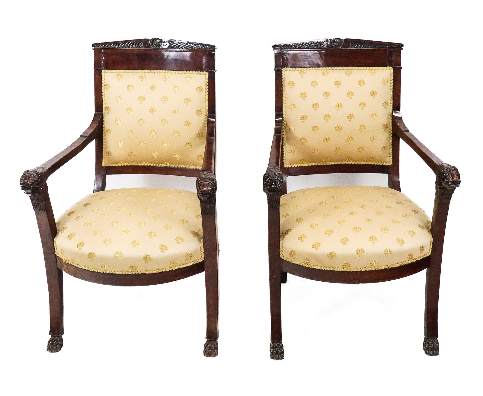 Pair Antique Russian Empire Arm Chairs: Pair Antique Russian Empire open arm chairs, in dark mahogany, with architectural and gadroon carved backs, carved lion head knuckles and paw feet. Silk upholstered. 19th Century. [37" H x 24" W x 26"