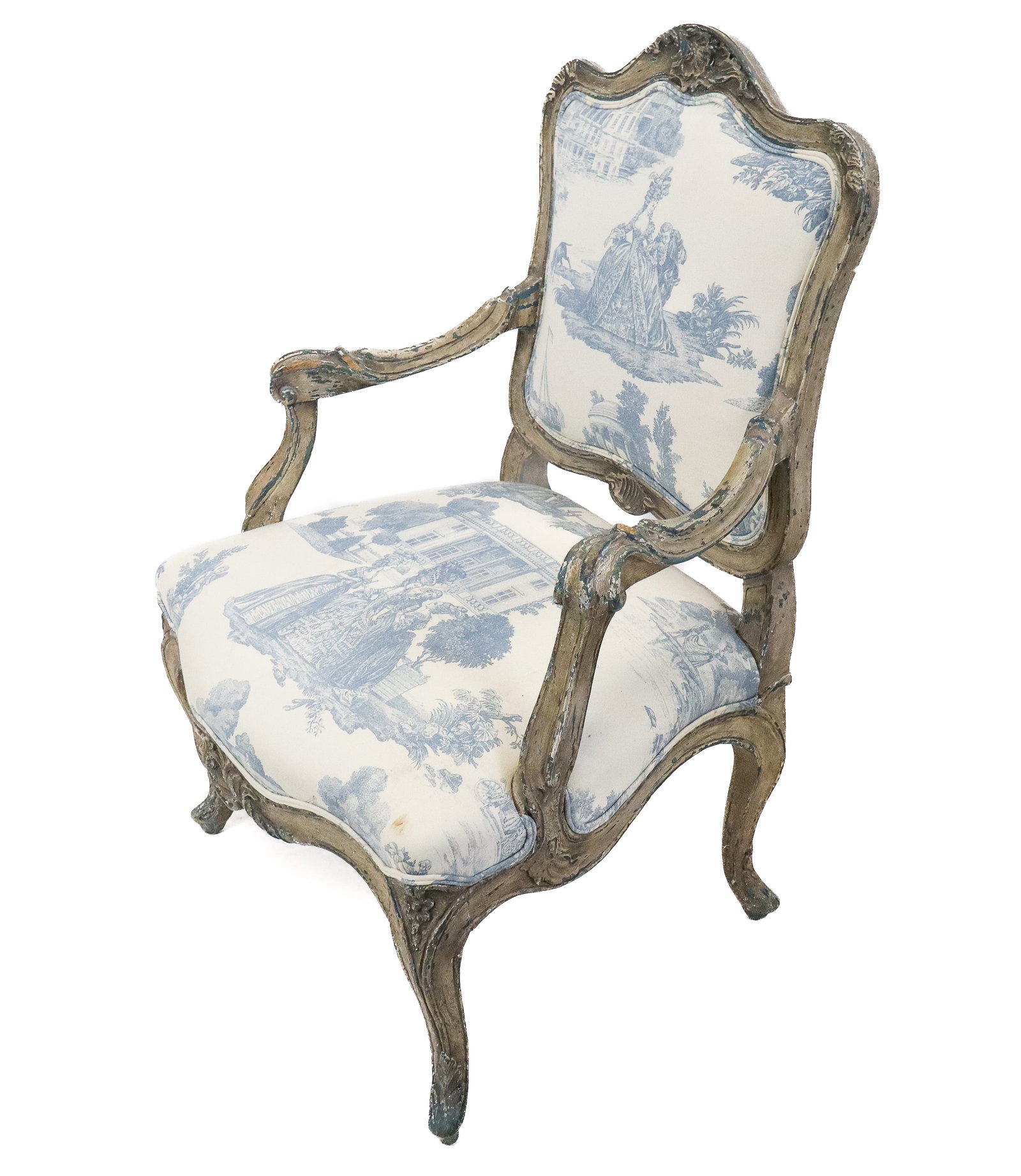 Antique French Painted Fauteuil: Antique French painted gray over blue, nicely carved, open arm fauteuil, with blue on white print upholstery. 19th Century. [39" x 27" x 27"]. Good condition, some chips off wood