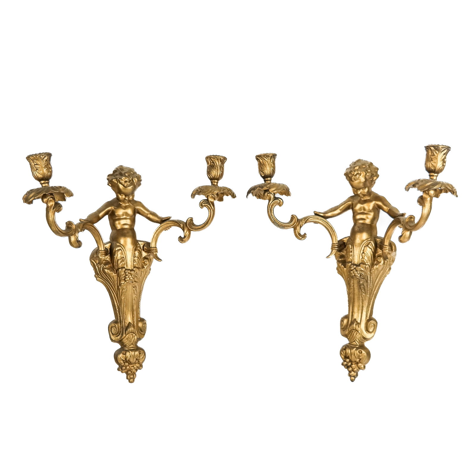 Pair of Rococo-Style Bronze Figural Sconces: Pair of Rococo-style gilt bronze figural sconces, in the French manner, each with a youth terminal figure holding two scrolling candle arms. [15 1/2" H x 12" W x 5 3/4" D]. Arms loose; scuffs and wear