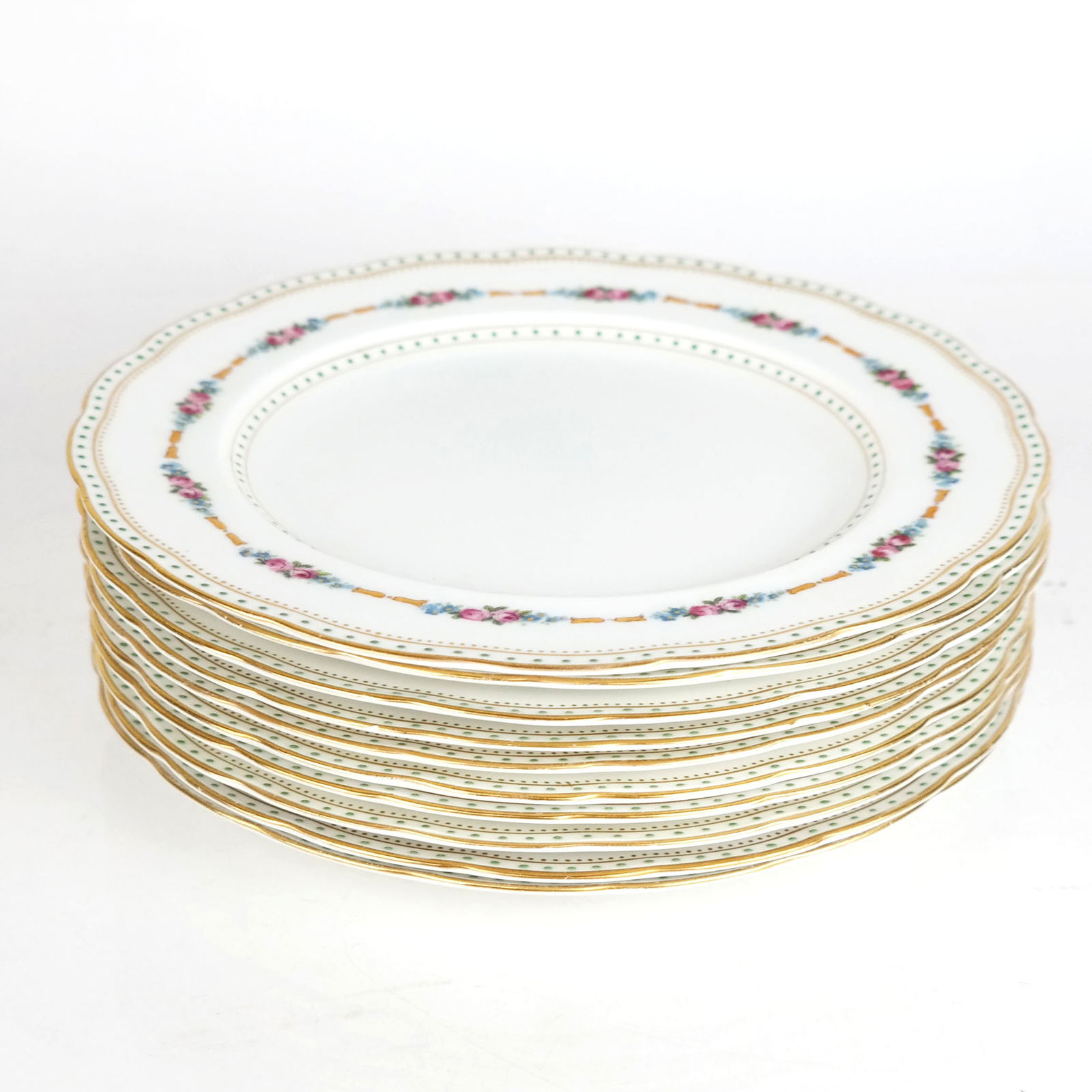 English George Jones & Sons Porcelain Plates (10): 10 English George Jones & Sons porcelain plates, with green enameled "Jewel" dot borders around floral band, with crescent mark to base, retailed by Ovington Bros. [9" Diam.]. In overall good conditio