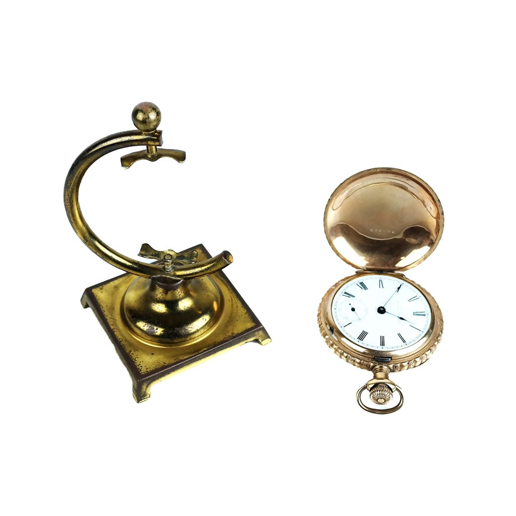 Gold Filled Hunter's Case Pocket Watch: Gold Filled antique pocket watch with trellis and flower case design, accompanied by a desk stand. [Case: 2 1/2" Diam.]. Movement not tested; missing crystal.