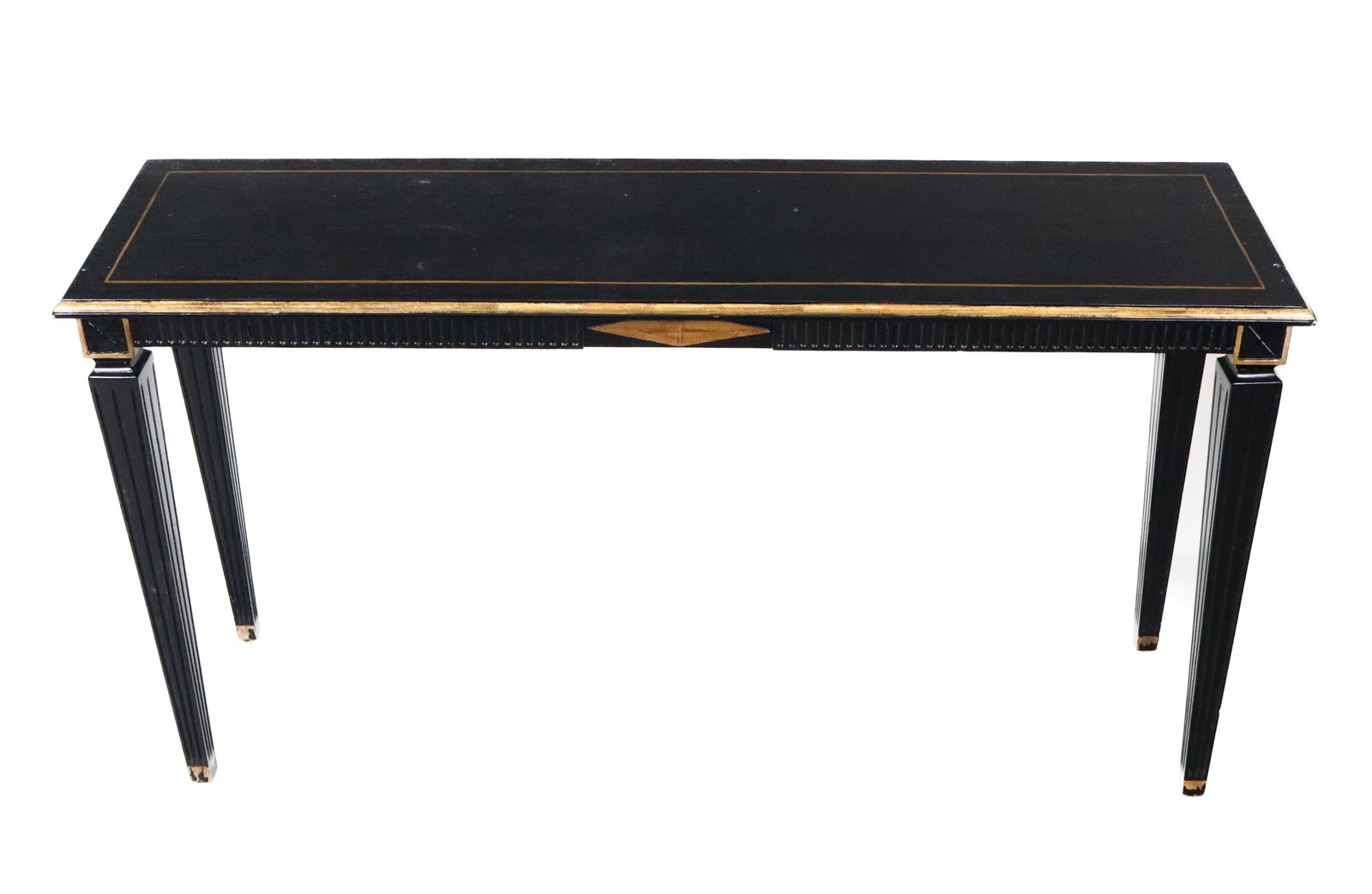 English Modern Long Console Table: English modern long console, black lacquer with gilt trim, fluted skirt with gilt diamond mount center, fluted and tapered legs. Double sided as a center console. [29" H x 54" x 15"]. Chips and scratc